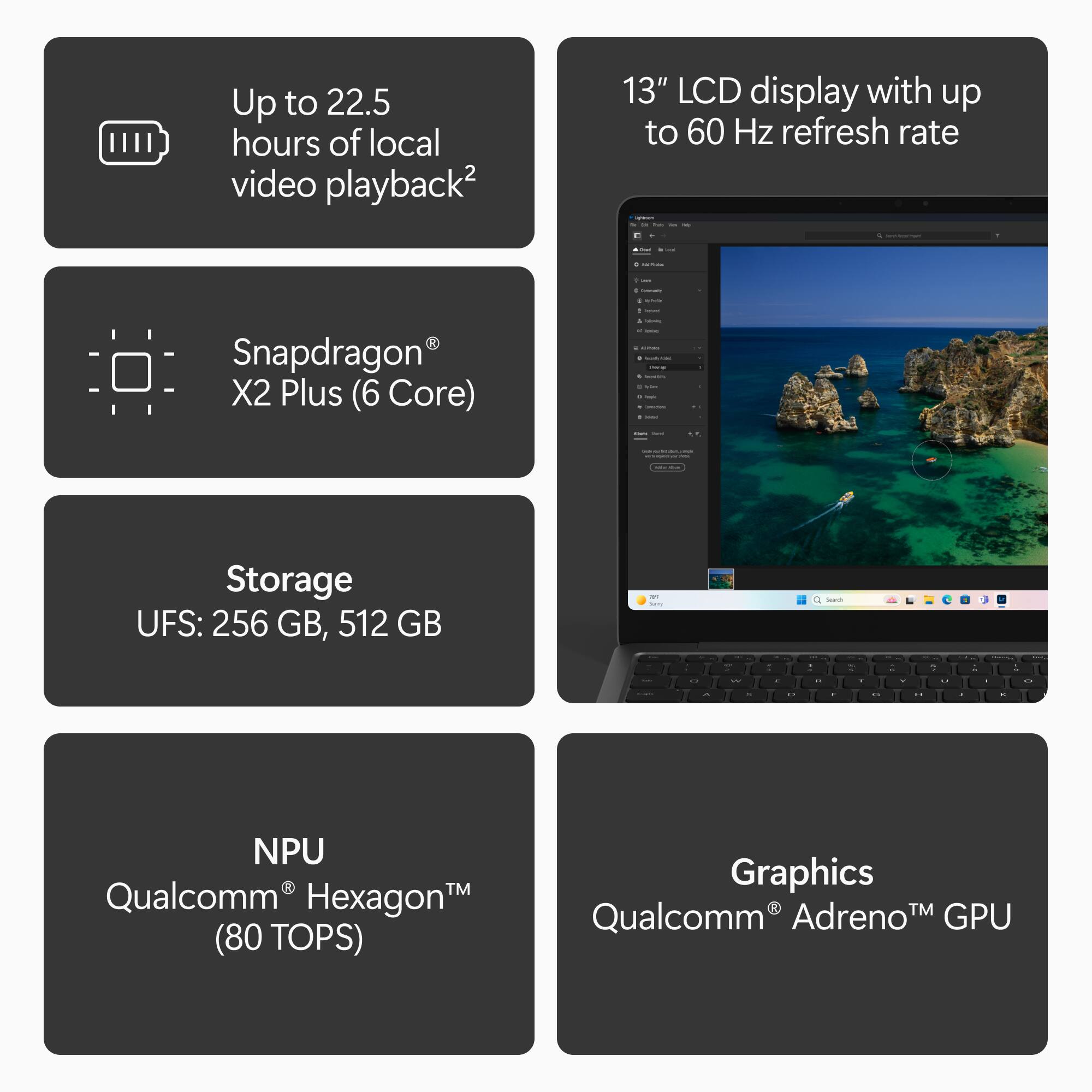 Up to 22.5 hours of local video playback²

13" LCD display with up to 60 Hz refresh rate

Snapdragon® X2 Plus (6 Core)

Storage UFS: 256 GB, 512 GB

NPU Qualcomm® Hexagon™ (80 TOPS)

Graphics Qualcomm® Adreno™ GPU