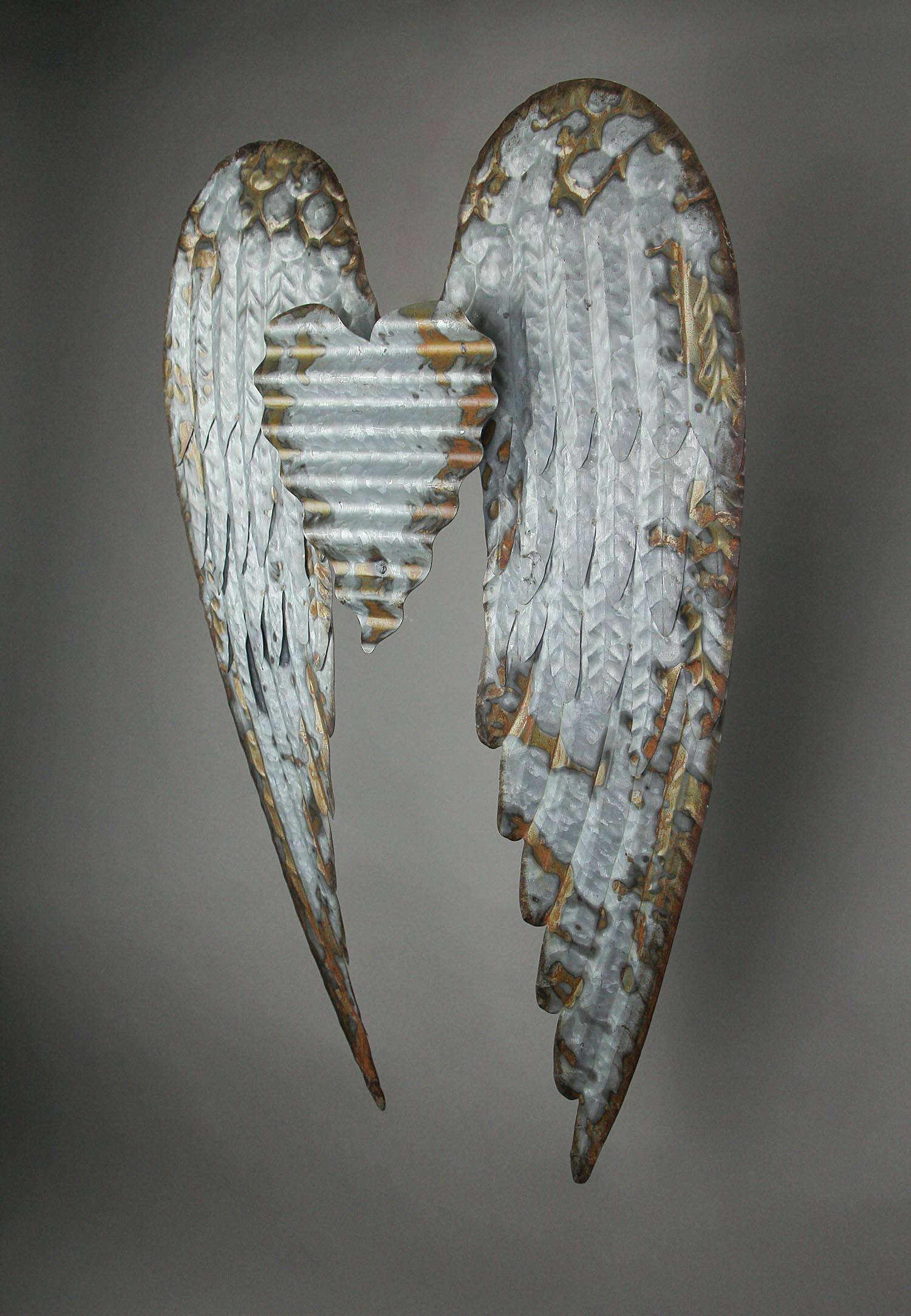 Alt View 2. Zeckos - Rustic Galvanized Stamped Metal Art Angel Wings Heart Decorative Wall Sculpture - Grey.