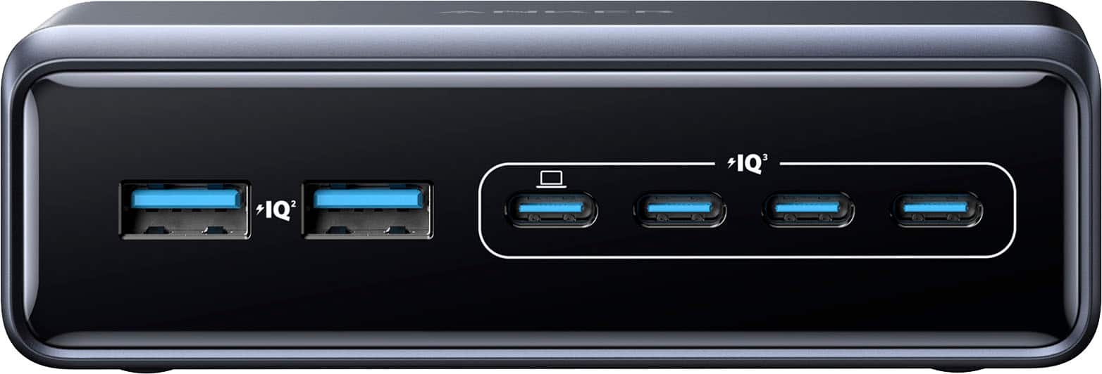 The text on the image reads "3 IQ 2 +IQ." To group and correct this text, we can rephrase it as "3 IQ ports and 2 additional IQ ports." This description accurately reflects the features of the device, which has three IQ ports and two additional ports for a total of five ports.