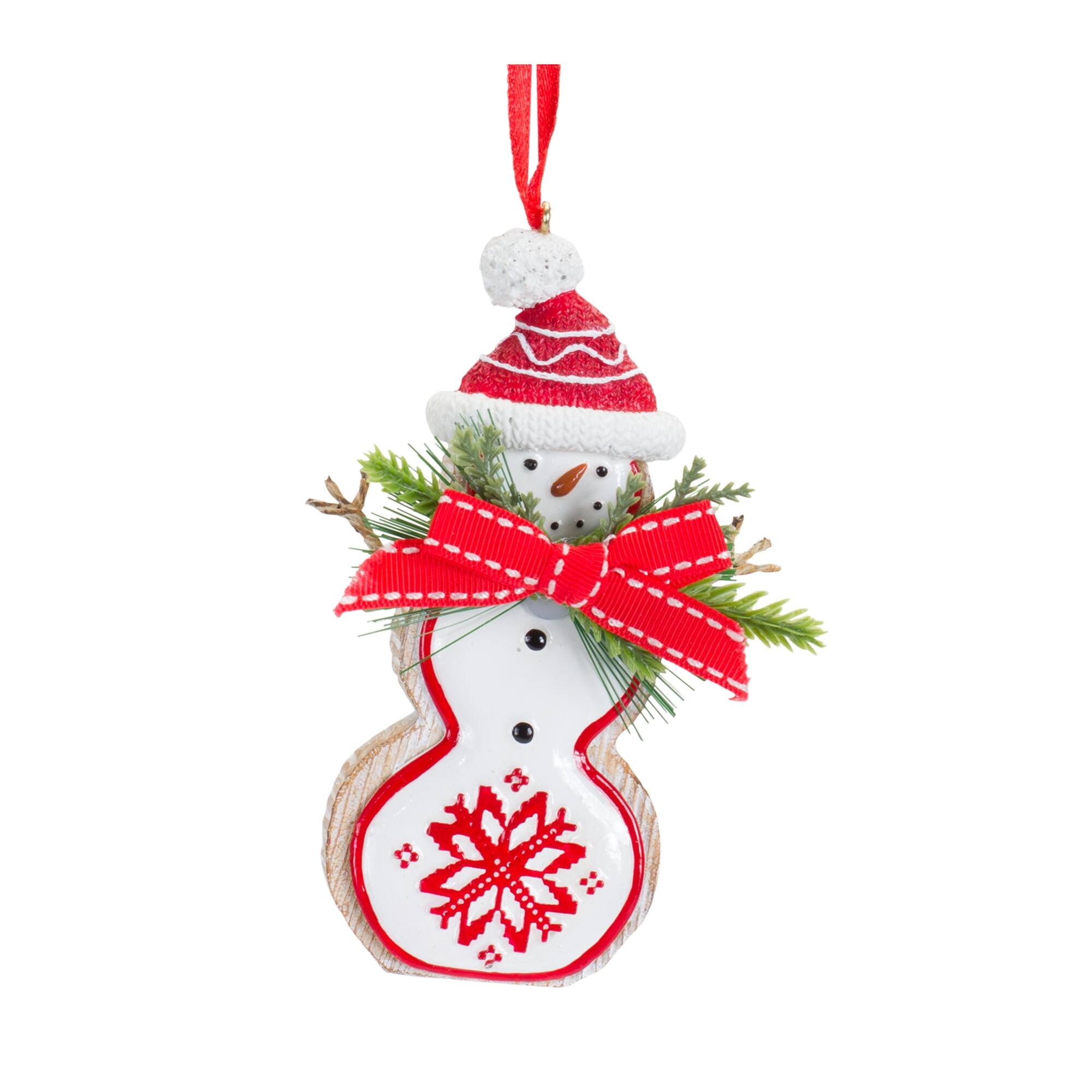Left. BreeBe - Nordic Snowflake Character Tree Ornament with Pine Bow Accent (Set of 6) - White, Red, Green.