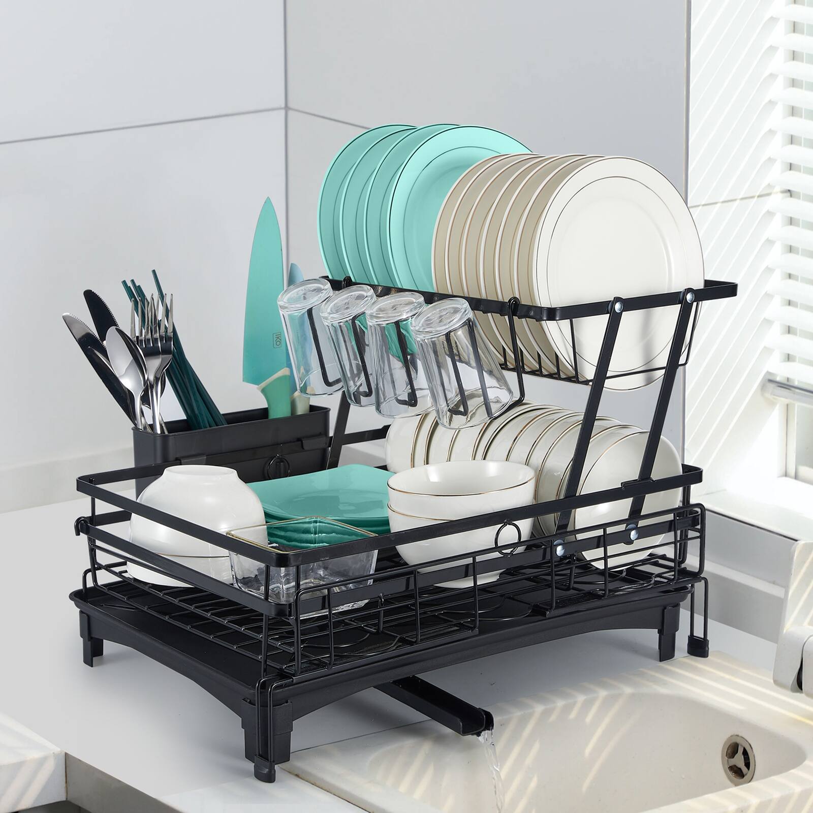 Alt View 9. Sugift - 2-Tier Collapsible Expandable Dish Rack with Rust-Resistant Stainless Steel Frame - Black.
