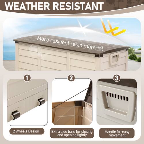 **WEATHER RESISTANT**

1. **More resilient resin material**

2. **2 Wheels Design**

3. **Extra side bars for closing and opening lightly**

4. **Handle for easy movement**