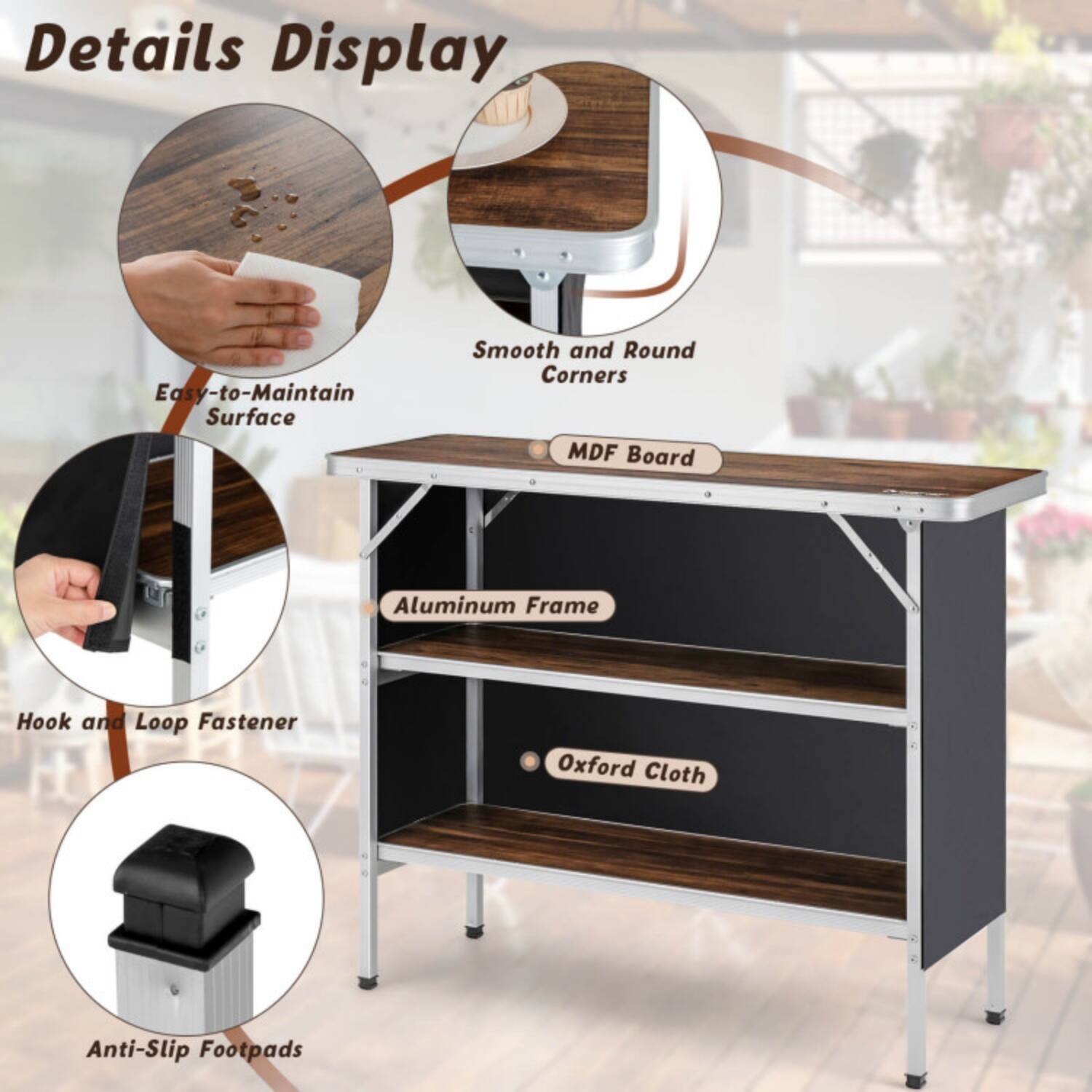 Details Display  
- Easy-to-Maintain Surface  
- Smooth and Round Corners  
- MDF Board  
- Aluminum Frame  
- Hook and Loop Fastener  
- Oxford Cloth  
- Anti-Slip Footpads