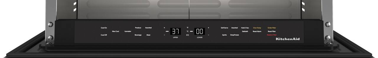 Cool On  
Max Cool  
Cool Off  

Produce  
Assorted  
Beverage  
Meat  

88  
UPPER  

00  
LOWER  

Soft Serve  
Assorted  
Hold 3 Sec  
Spirits  
Deep Freeze  
Sabbath  

F/C  

Over Temp  
Reset Alarm  
Order Filter  
Reset Filter  
Replace Filter  

KitchenAid