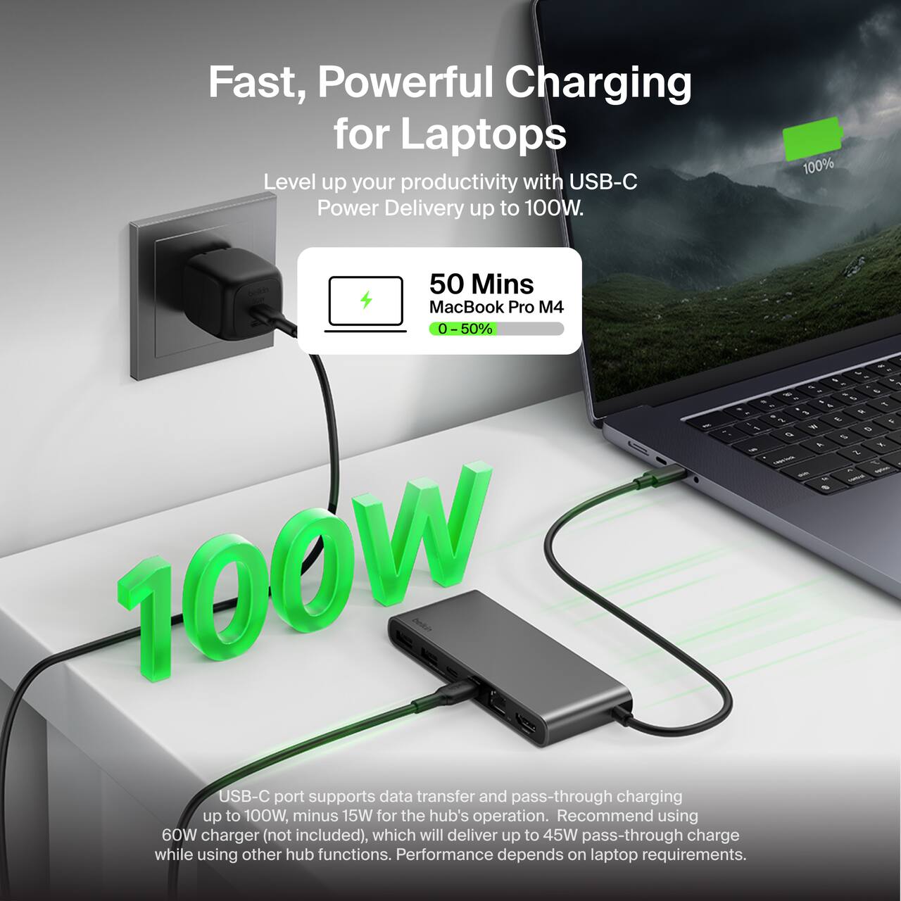 Fast, Powerful Charging for Laptops  
Level up your productivity with USB-C Power Delivery up to 100W.  

50 Mins  
MacBook Pro M4  
0 - 50%  

100W USB-C port supports data transfer and pass-through charging up to 100W, minus 15W for the hub's operation.  
Recommend using 60W charger (not included), which will deliver up to 45W pass-through charge while using other hub functions.  
Performance depends on laptop requirements.