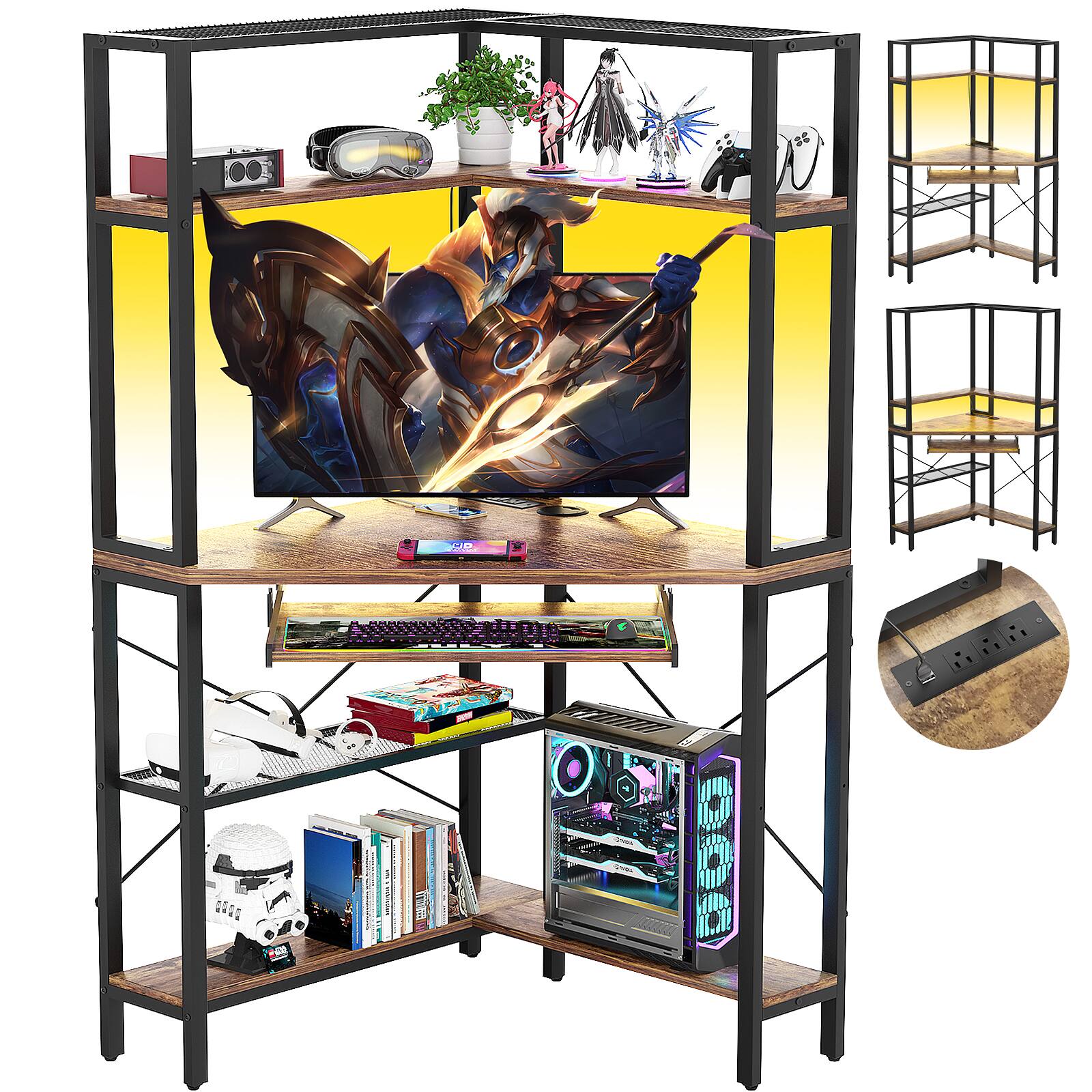 Angle. Aheaplus - Corner Computer Desk with Hutch, Gaming Desk with Keyboard Tray for Home & Office - Brown.