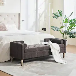 Ropilly - 64.6 inch Tufted Chenille Storage Bench, Flip-Top End of Bed Bench with Armrests and Backrest - Coffee