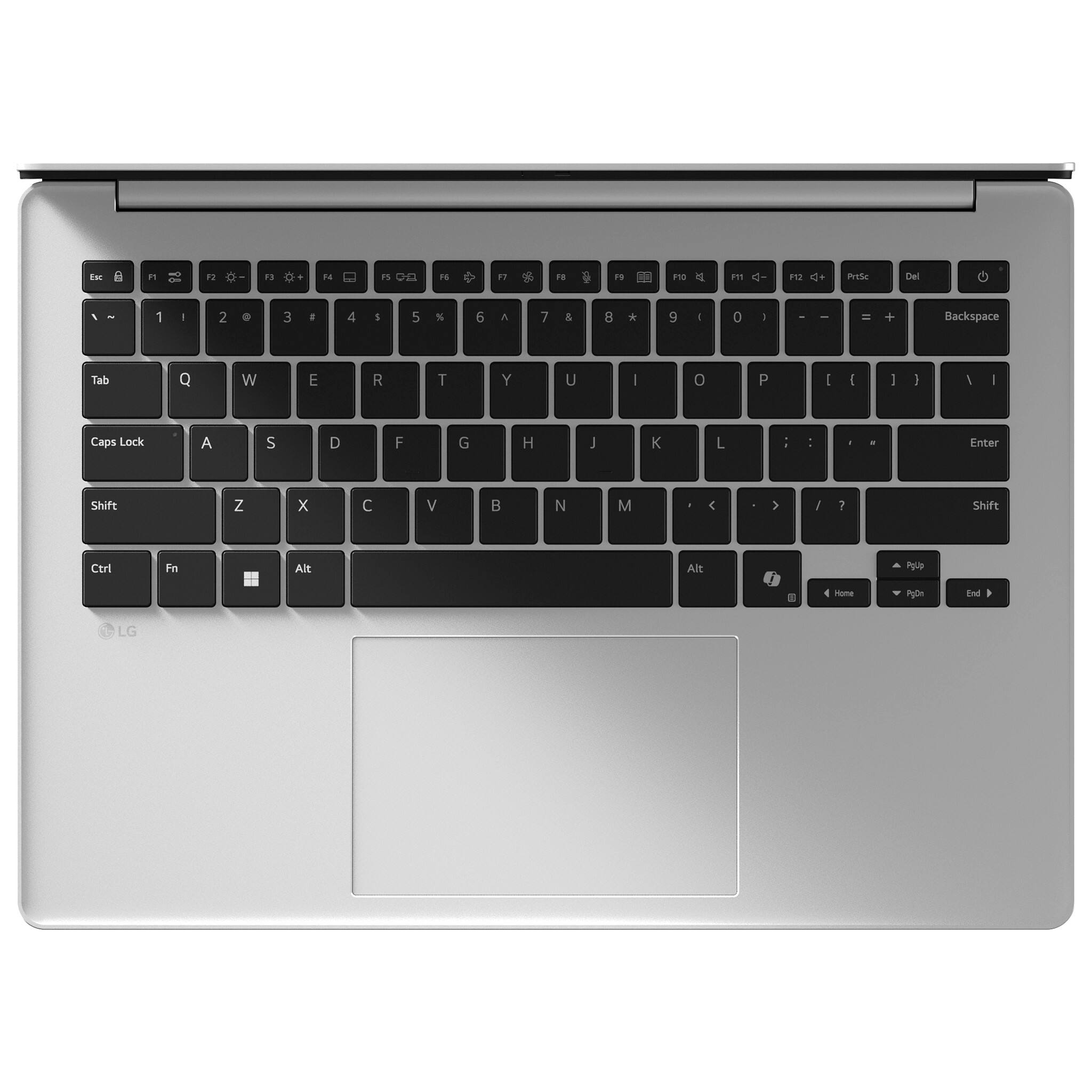 Esc
F1
F2
F3
F4
F5
F6
F7
F8
F9
F10
F11
F12
PrtSc
Del
1
2
3
4
5
6
7
8
9
0
Backspace
Tab
Q
W
E
R
T
Y
U
I
O
P
Caps Lock
A
S
D
F
G
H
J
K
L
Shift
Z
X
C
V
B
N
M
Shift
Ctrl
Fn
Alt
Alt
PgUp
Home
PgDn
End
LG