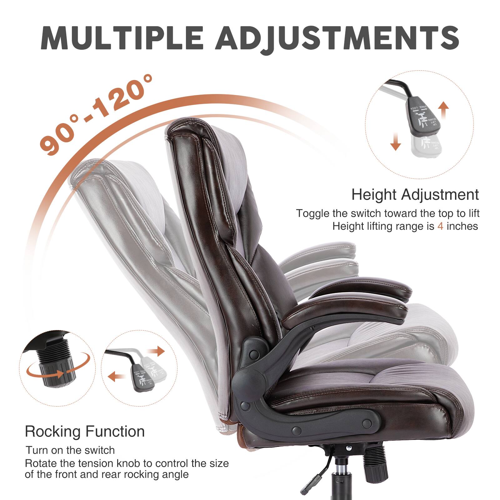 **MULTIPLE ADJUSTMENTS**

**90°-120°**

**Height Adjustment**  
Toggle the switch toward the top to lift  
Height lifting range is 4 inches

**Rocking Function**  
Turn on the switch  
Rotate the tension knob to control the size of the front and rear rocking angle