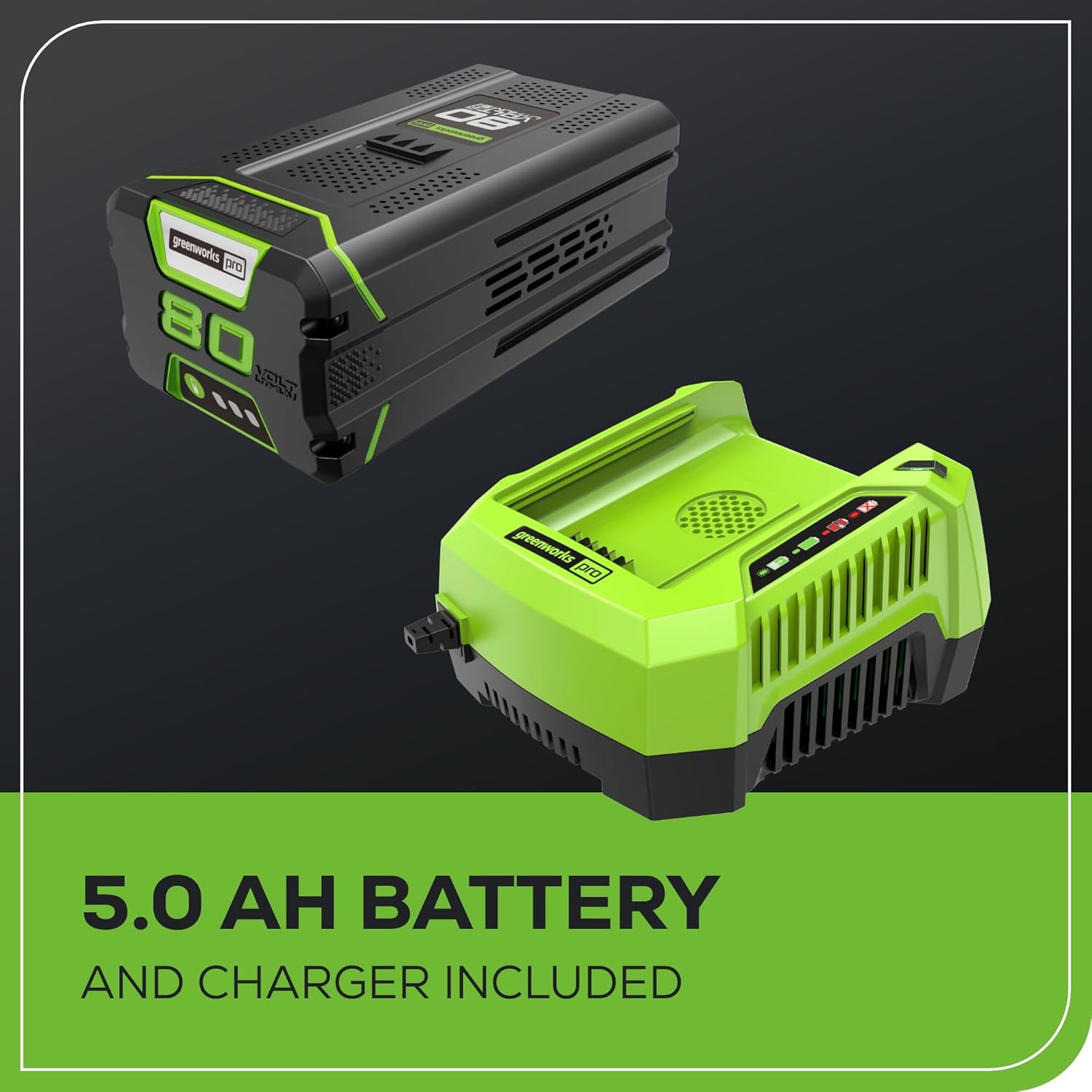 greenworks DFO 08 YCLY I! C  CSP greenworks LAAD pro -5-5-0-B 5.0 AH BATTERY AND CHARGER INCLUDED