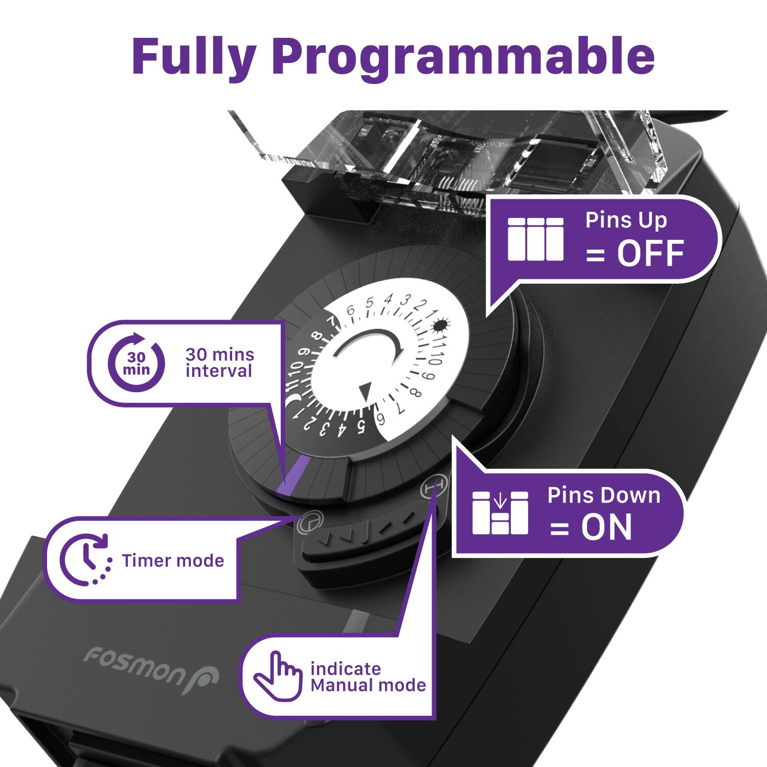 Fully Programmable, Pins Up = OFF, 30 min, 30 mins interval, 5 4 3 2 6 1 7 8 9 10, Timer mode, Pins Down = ON, Fosmon, indicate Manual mode