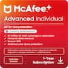 McAfee TM Advanced Individual All-in-one protection AI Powered by McAfee Smart AI: $1 million ID theft coverage & restoration, Personal data removal, Secure VPN, Antivirus and scam protection. Subscription automatically renews. A payment method is required to activate - cancel - cancel anytime. Unlimited Devices. 1-Year Subscription.