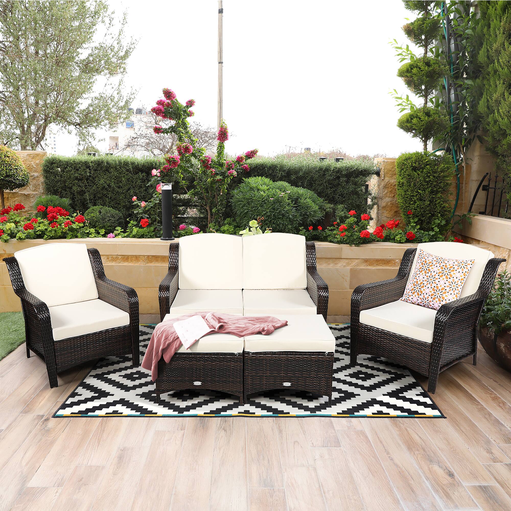 Alt View 1. Costway - Costway 5PCS Patio Rattan Furniture Set Loveseat Sofa Ottoman Off White Cushion - Off White.