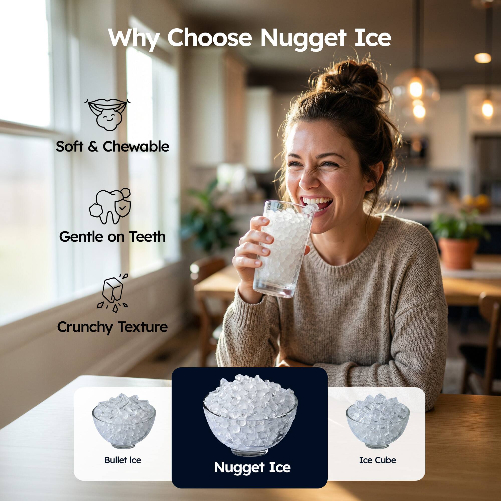 Why Choose Nugget Ice

- Soft & Chewable
- Gentle on Teeth
- Crunchy Texture

Bullet Ice
Nugget Ice
Ice Cube