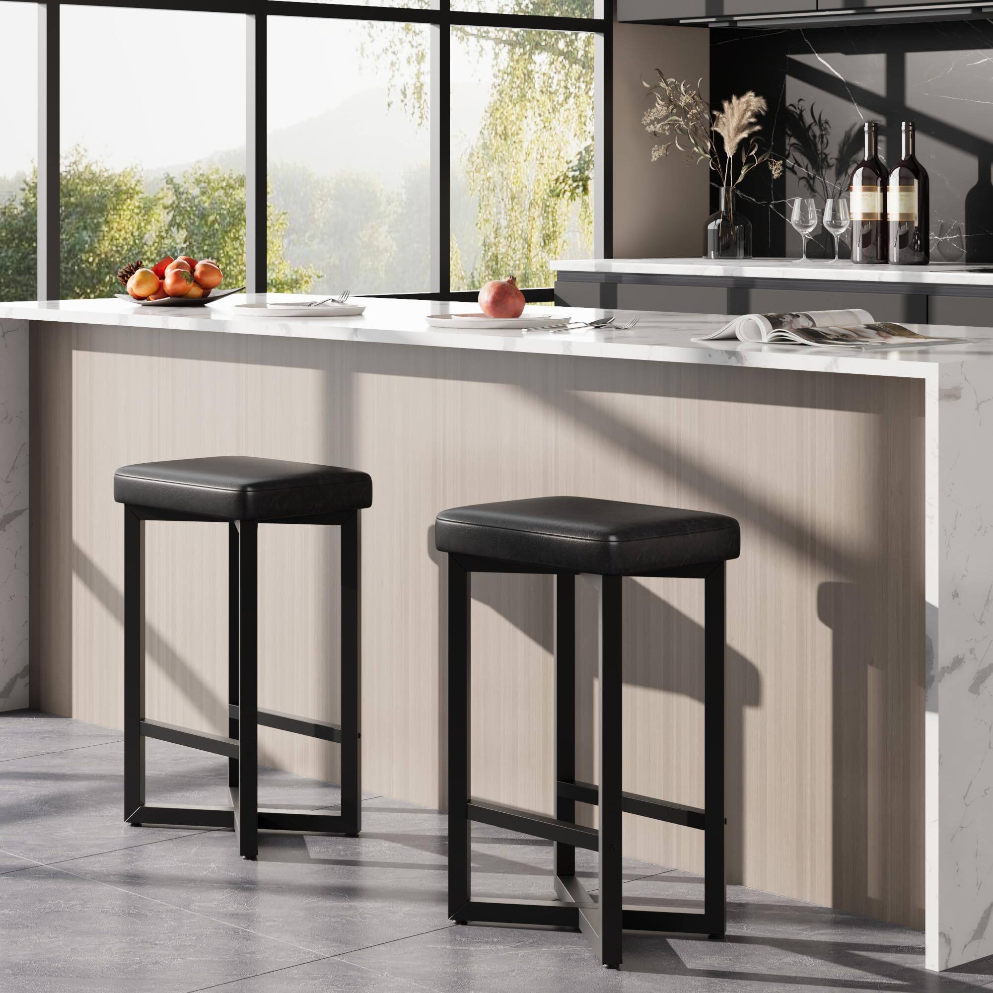 Front. Jojoka - 24.6" Counter Height Bar Stools Set of 2, PU Leather Upholstered Backless Barstools with Metal X-Frame - Black.
