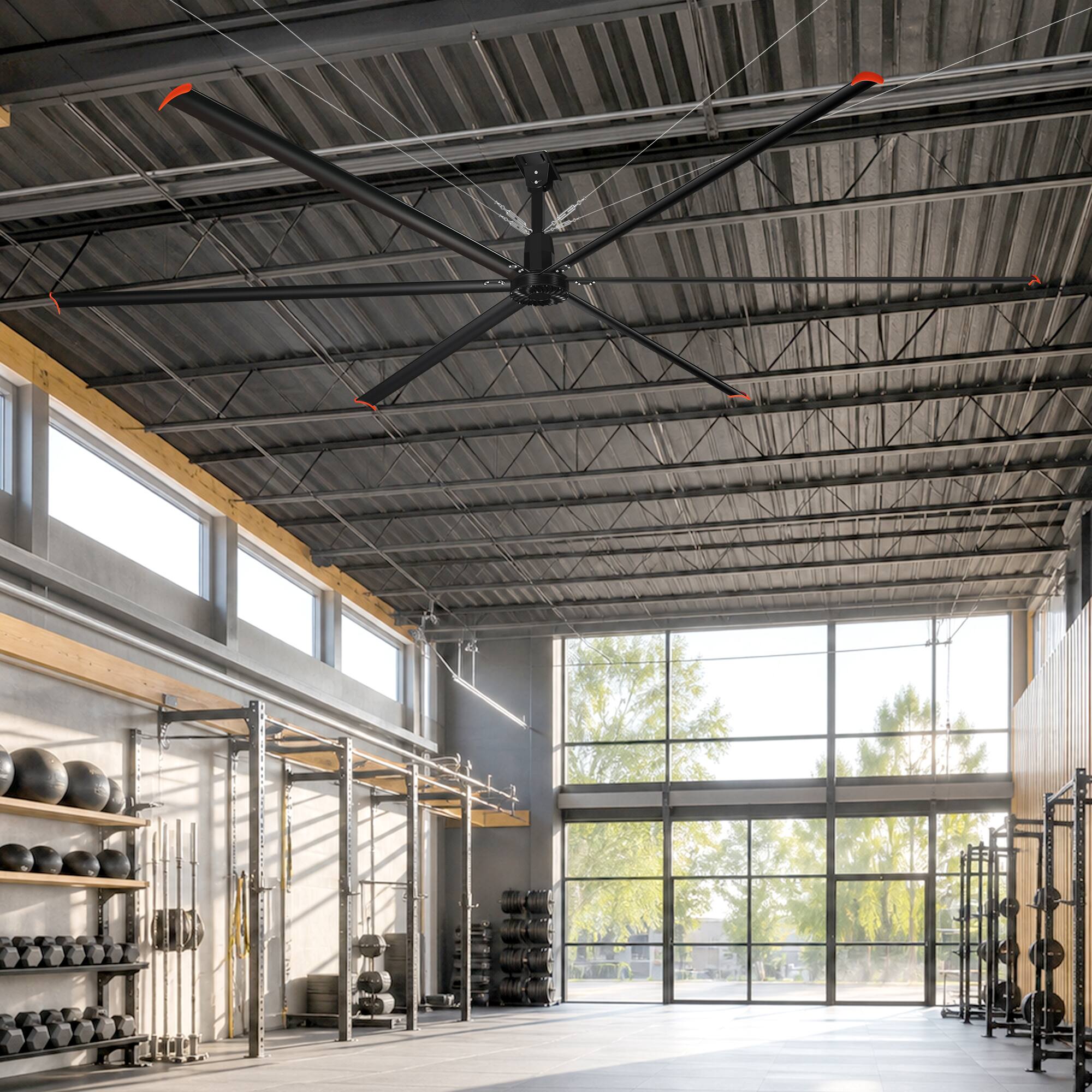 Back. Breezary - 264‑Inch HVLS Industrial Ceiling Fan, 1P 110V, Direct Drive DC Motor, Variable Speed, Aluminum Blades - Matte Black.