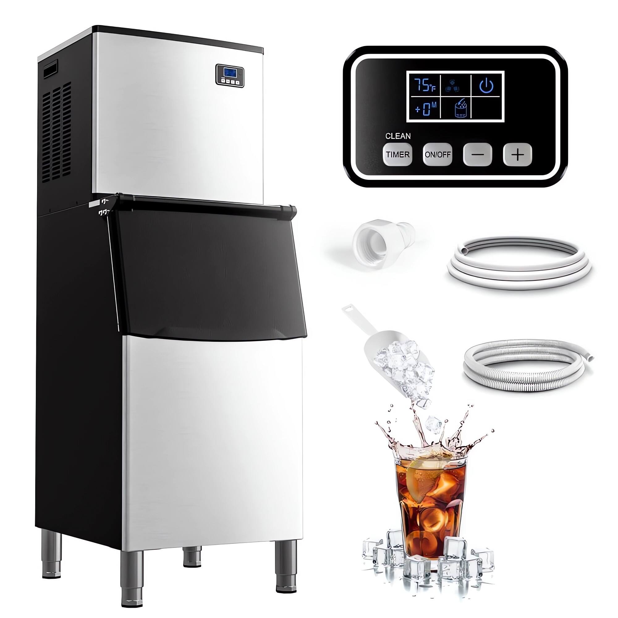 SIMZLIFE - 22" 400Lbs/24H Full Size Cubes Freestanding Commercial Ice Maker - SECOP Compressor, ETL Approved, 250Lbs Storage - Black silver color scheme