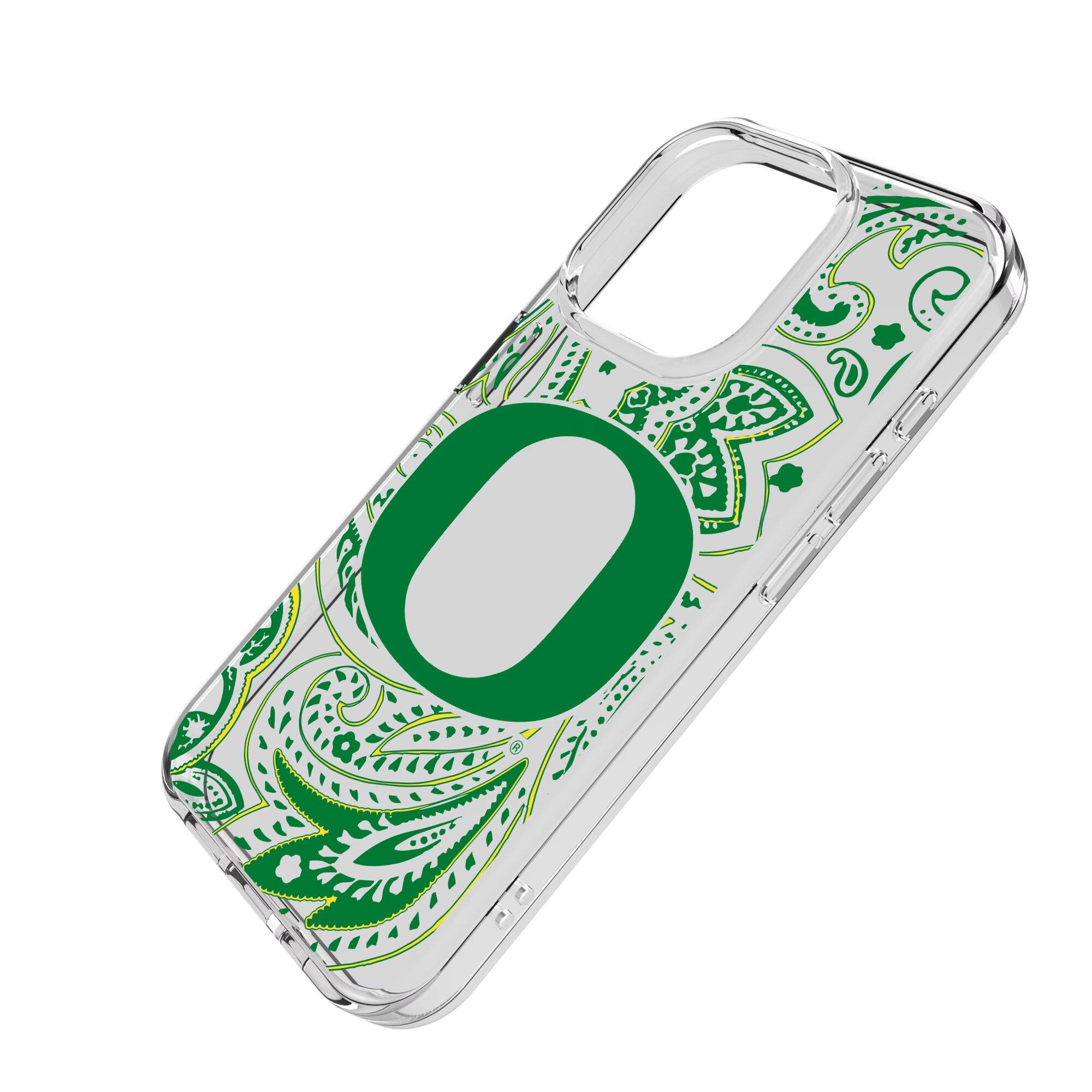 Alt View 1. Keyscaper - Oregon Ducks iPhone Paisley Design Clear Case - 16e - Multicolor.
