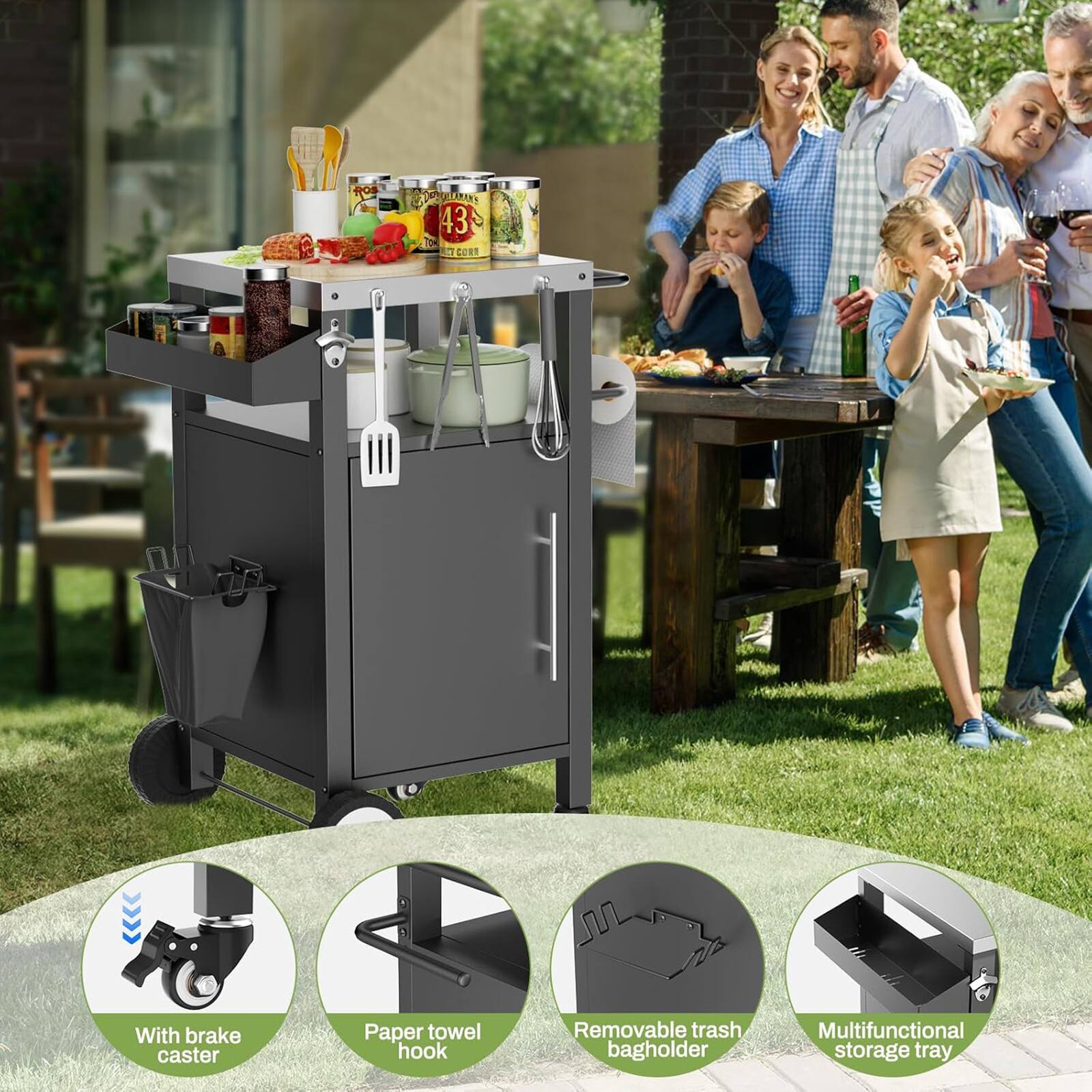 LANS 430 CORT With brake caster Paper towel hook Removable trash bag holder Multifunctional storage tray