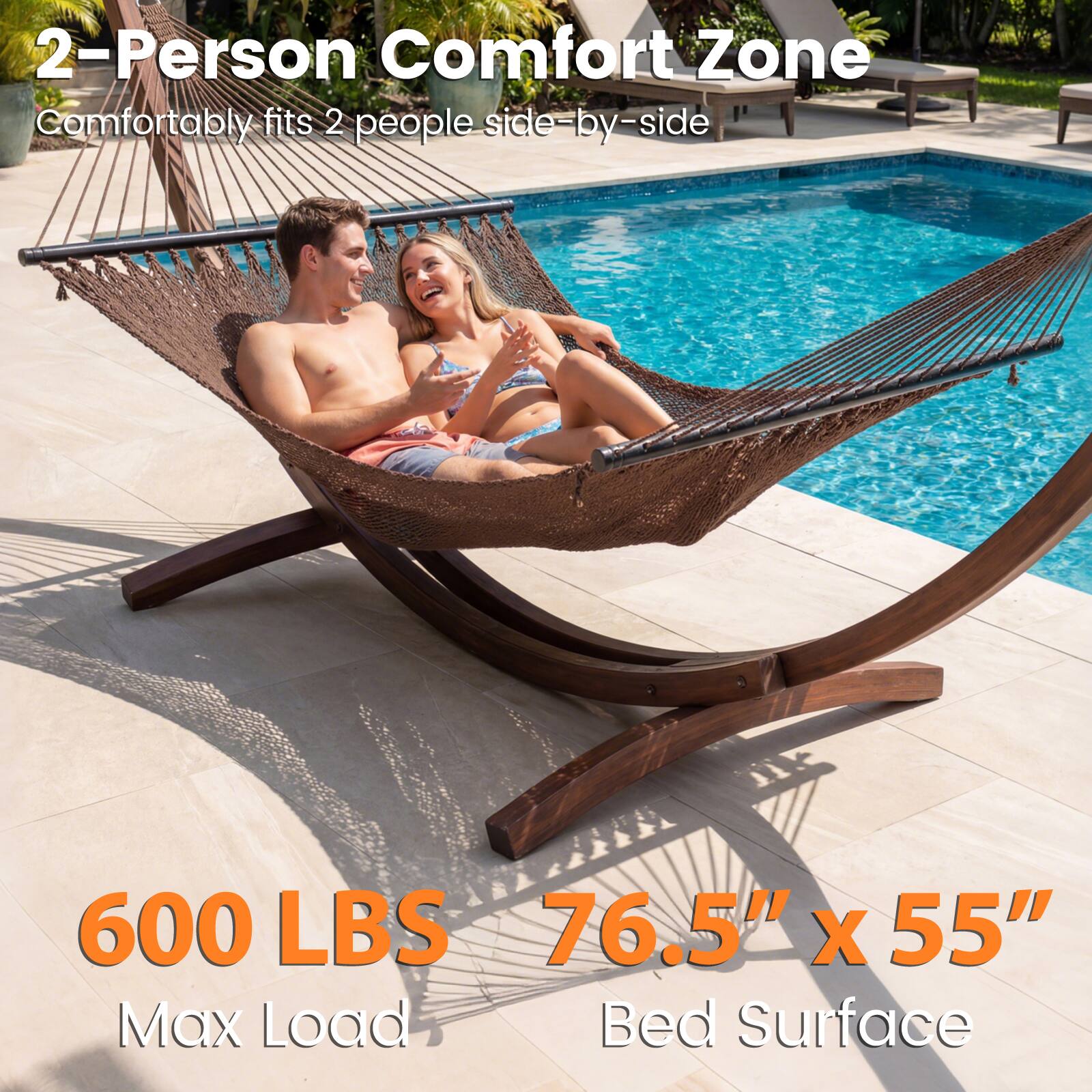 2-Person Comfort Zone  
Comfortably fits 2 people side-by-side  

600 LBS  
Max Load  

76.5" x 55"  
Bed Surface