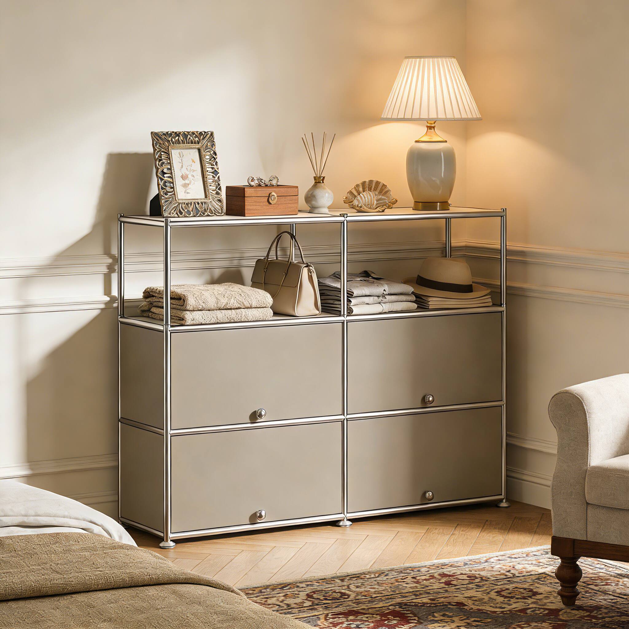 Alt View 4. Malletson - Storage Cabinet with Double Drawers and Metal Frame, Multi-Purpose Home Organizer for Entryway, Living Room or Bedroom - Grey.