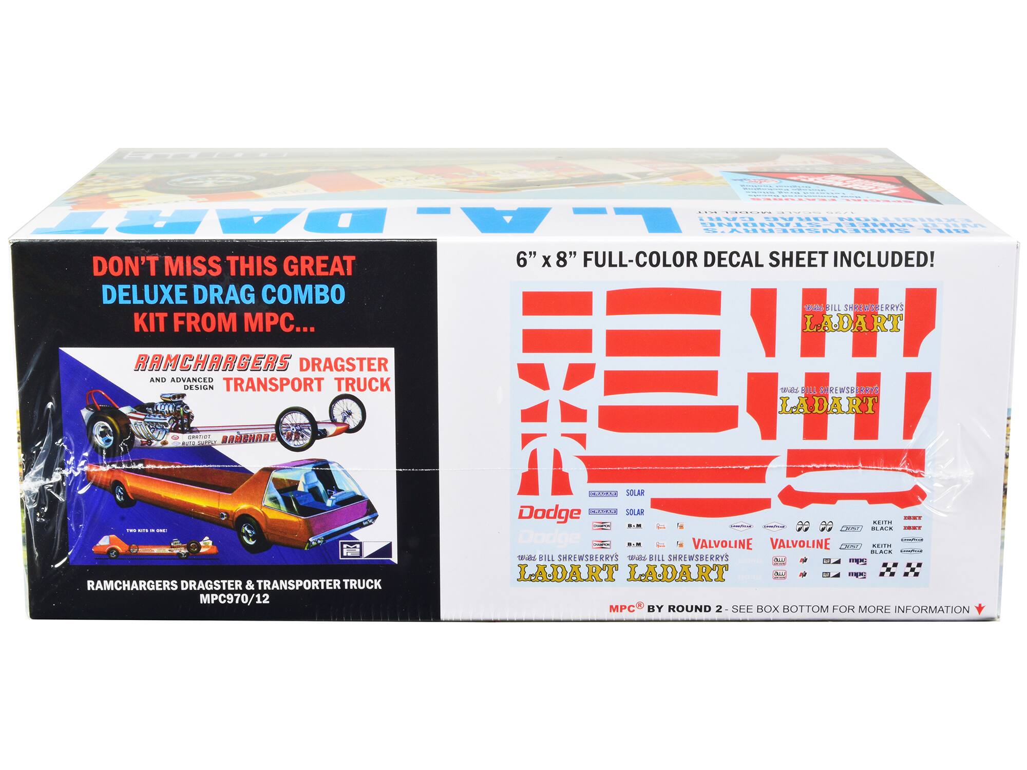 Sure, here is the corrected and grouped text from the image:

---

**Front Side:**

- DON'T MISS THIS GREAT DELUXE DRAG COMBO KIT FROM MPC...
- RAMCHARGERS DRAGSTER AND ADVANCED TRANSPORT TRUCK
- TWO KITS IN ONE!
- RAMCHARGERS DRAGSTER & TRANSPORTER TRUCK
- MPC970/12

**Side:**

- 6" x 8" FULL-COLOR DECAL SHEET INCLUDED!
- BILL SHREWSBERRYS LADART
- MPC BY ROUND 2
- SEE BOX BOTTOM FOR MORE INFORMATION

**Decal Sheet:**

- BILL SHREWSBERRYS LADART
- Dodge
- SOLAR
- VALVOLINE
- KEITH BLACK
- MPC
- (Various other logos and text)

---

This text is organized based on the visible sections of the box and the decal sheet.