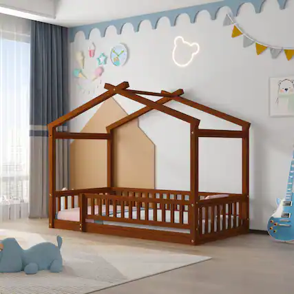 Front. Whisen - Wood House Bed Frame with Fence for Kids and Teens - Walnut.