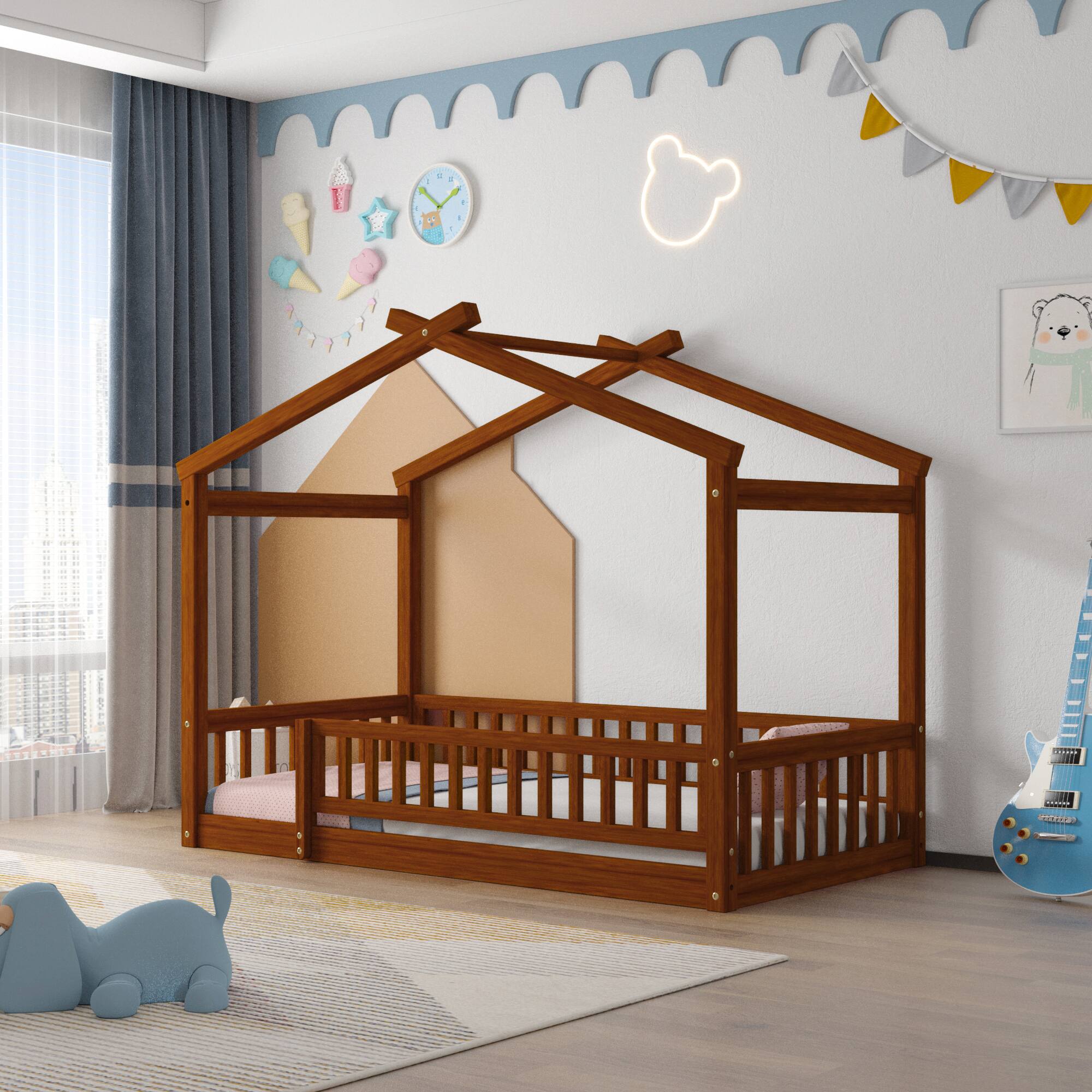 Front. Whisen - Wood House Bed Frame with Fence for Kids and Teens - Walnut.