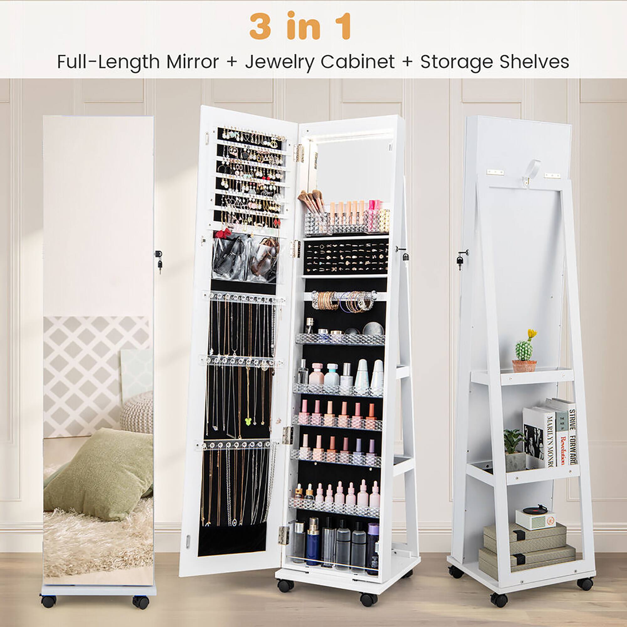 3 in 1  
Full-Length Mirror + Jewelry Cabinet + Storage Shelves