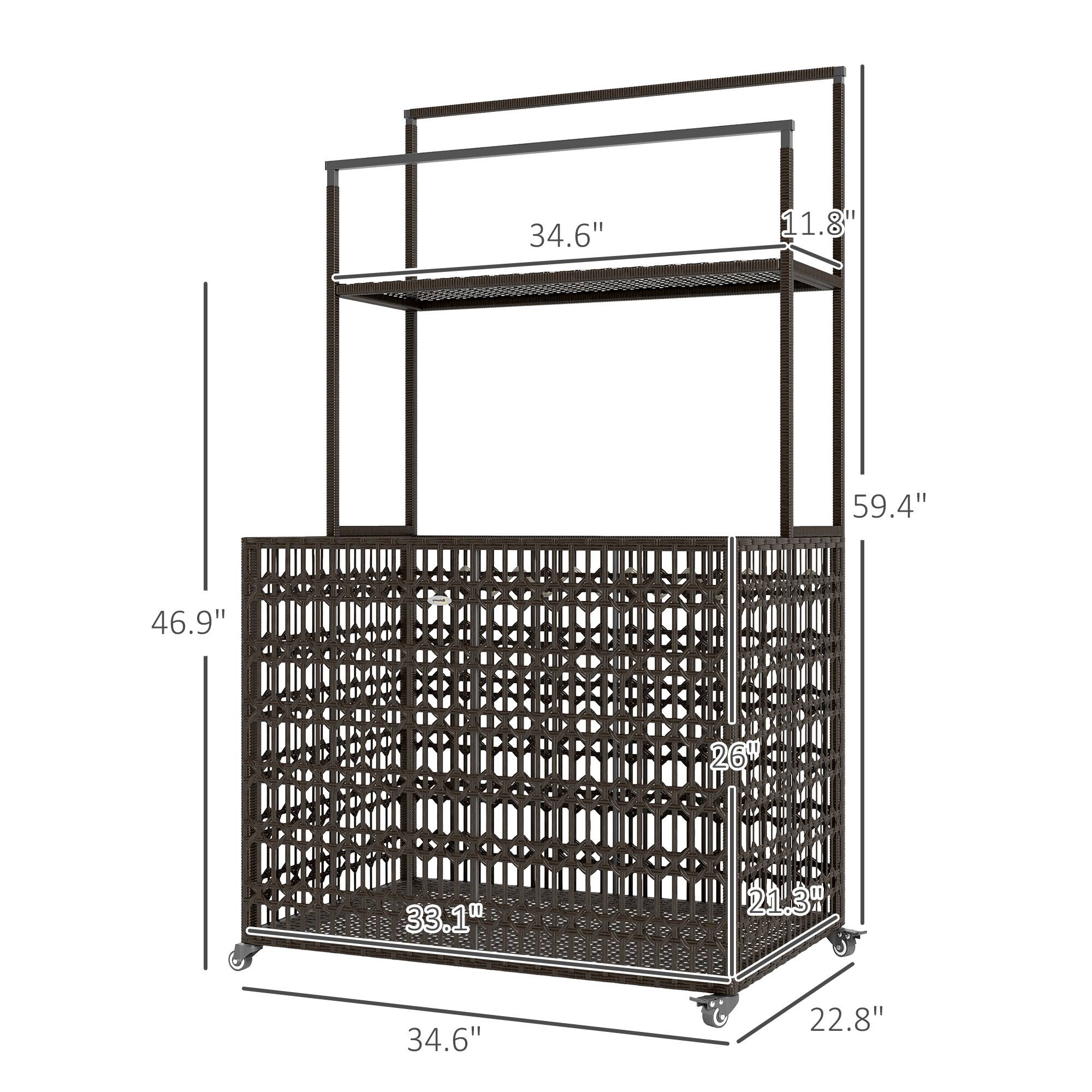 The dimensions of the object in the image are:

- Height: 59.4"
- Width: 46.9"
- Depth: 34.6"
- Shelf height: 11.8"
- Shelf depth: 34.6"
- Bottom shelf height from the ground: 26"
- Bottom shelf depth: 33.1"
- Bottom shelf width: 21.3"
- Overall depth: 22.8"