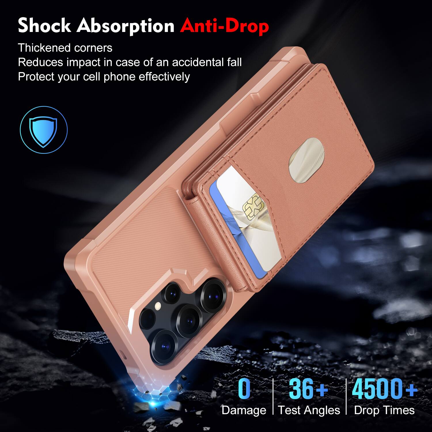 Shock Absorption Anti-Drop  
Thickened corners  
Reduces impact in case of an accidental fall  
Protect your cell phone effectively  

0 Damage  
36+ Test Angles  
4500+ Drop Times