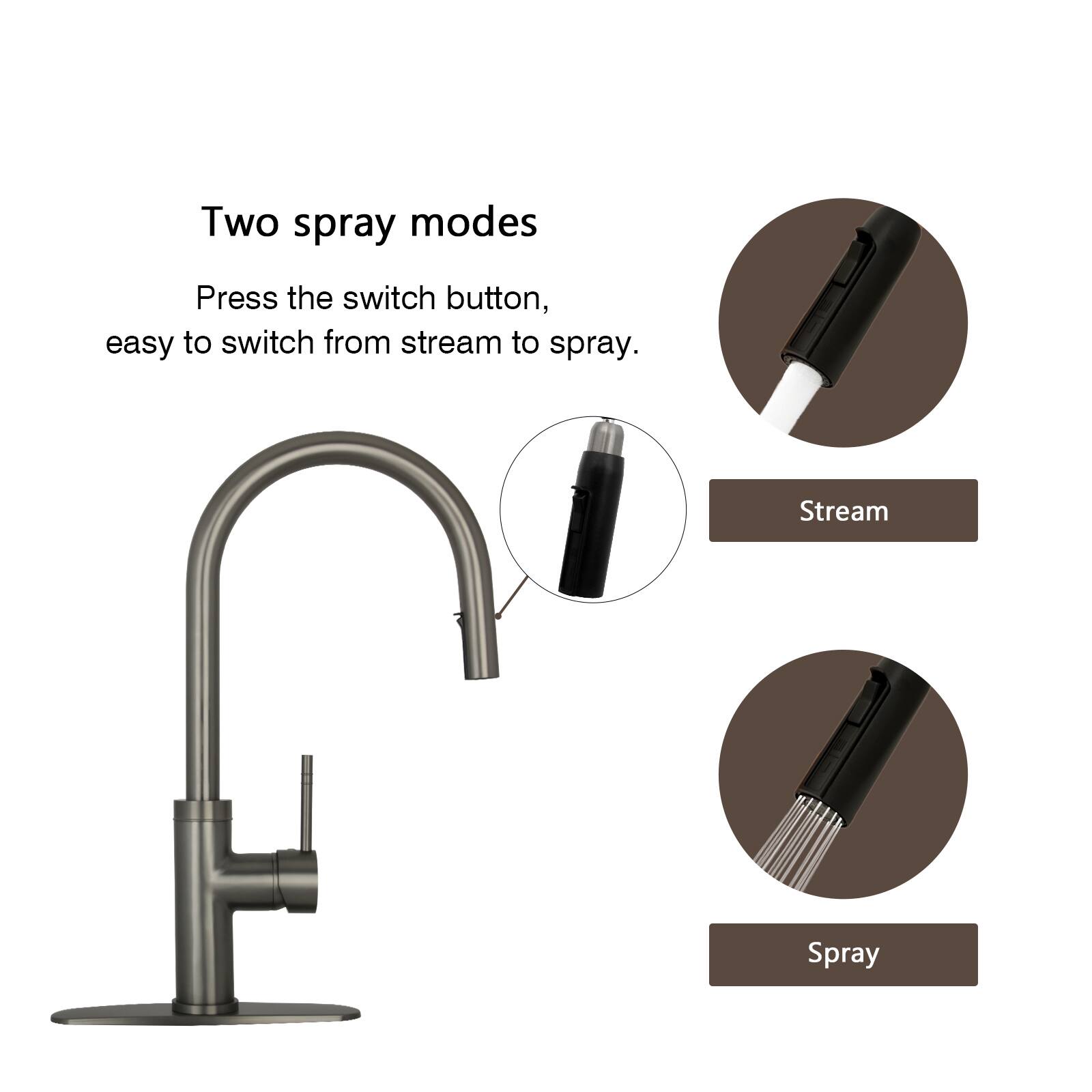 Two spray modes

Press the switch button, easy to switch from stream to spray.

Stream

Spray