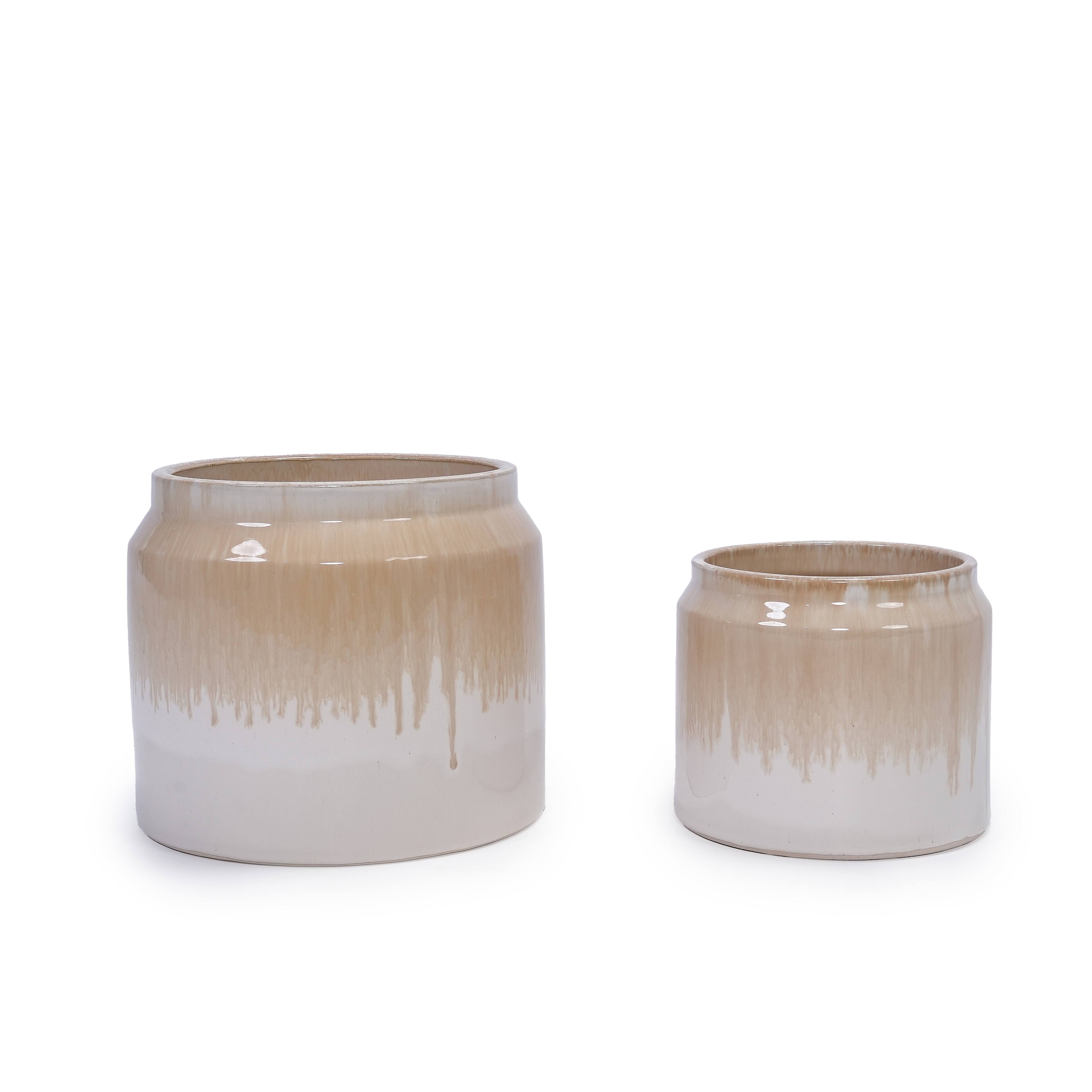 Left. Loheer - Loheer Ceramic Planter Set, Handmade Beige Drip Glaze Plant Pots Set of 2, 6 in and 8 in Indoor Outdoor Clay Planters.