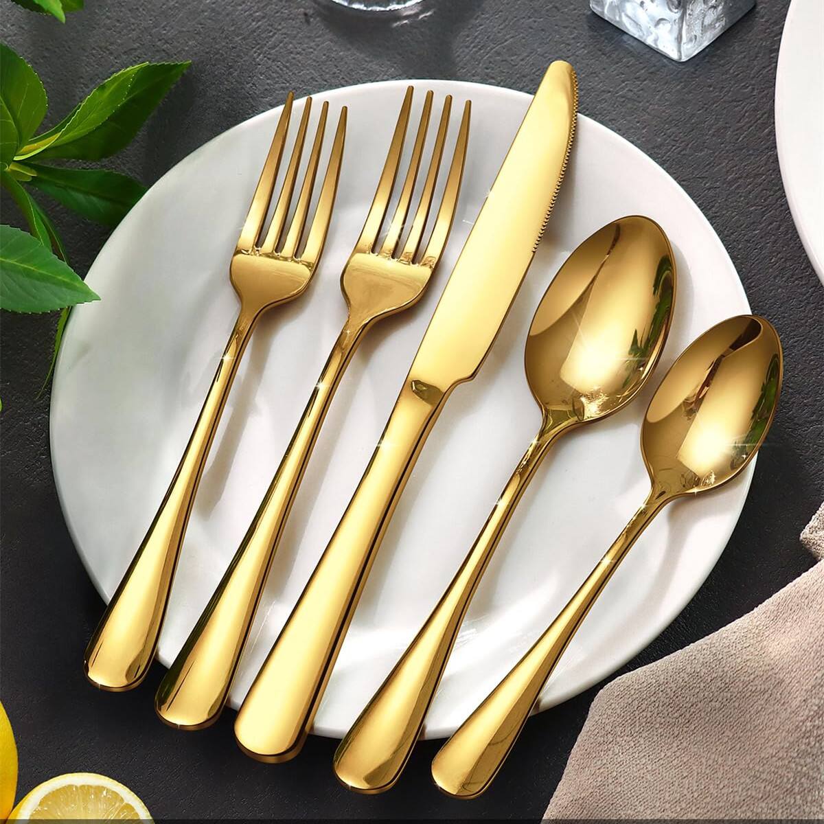 Alt View 2. Dazzed Corner - 40 Piece Gold Stainless Steel Flatware Set, Silverware Set for 8 - Gold.
