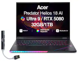 Acer - Predator Helios 18 AI Laptop WQXGA (Intel Ultra 9-275HX, 32GB DDR5, 1TB SSD, Win 11 Home) w/USB Hub - Abyssal Black