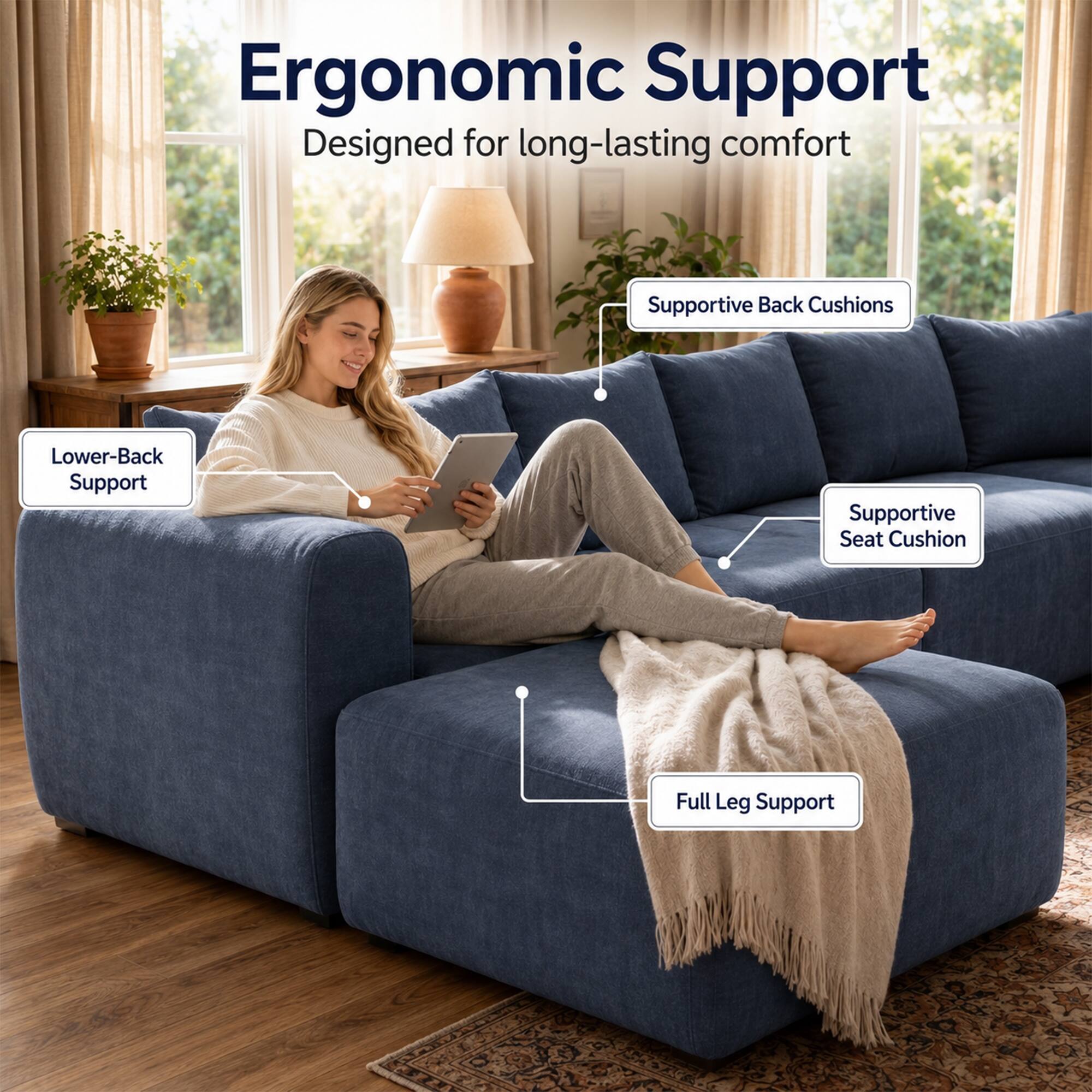Ergonomic Support  
Designed for long-lasting comfort  
- Supportive Back Cushions  
- Lower-Back Support  
- Supportive Seat Cushion  
- Full Leg Support