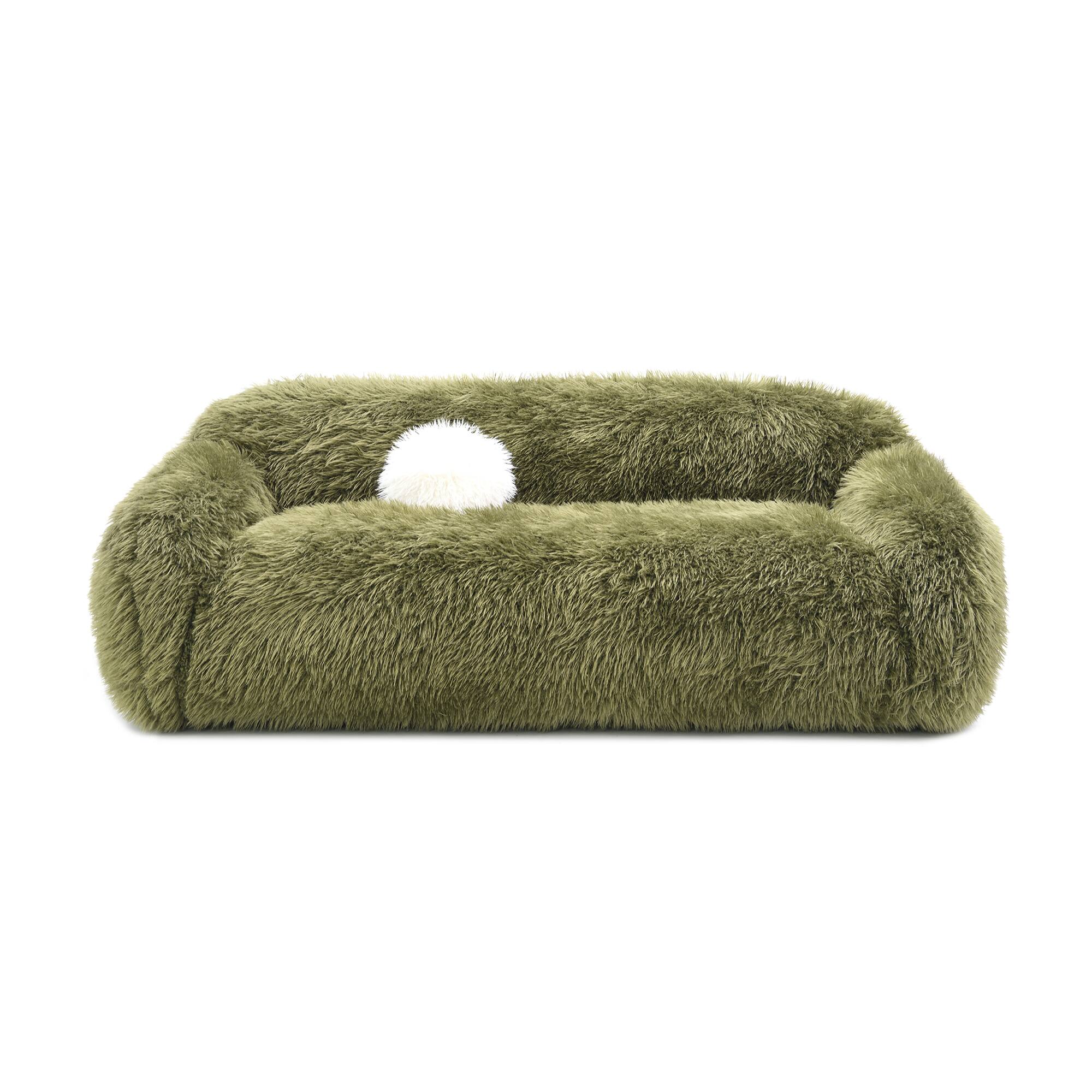 Front. Vaczon - 3-Seater Plush Faux Fur Sofa with Soft Long Pile and Luxurious Comfort, Perfect for Living Room or Apartment - Olive Green.
