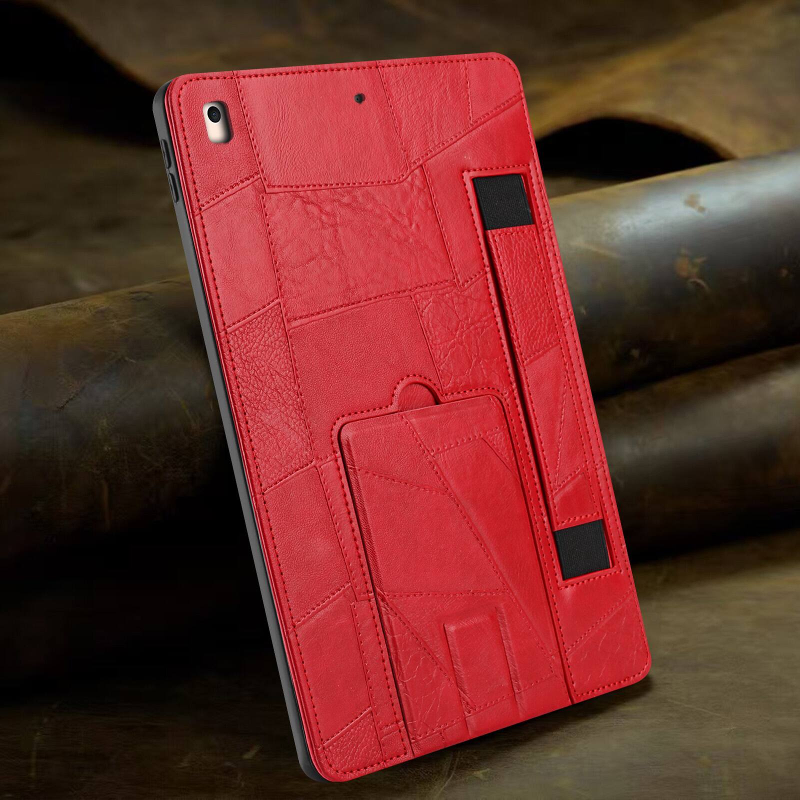 Left. Dteck - Leather Texture Case for Apple iPad (6th Generation) 9.7" 2018, Shockproof Cover with Multi-Angle Stand and Hand Strap - Red.