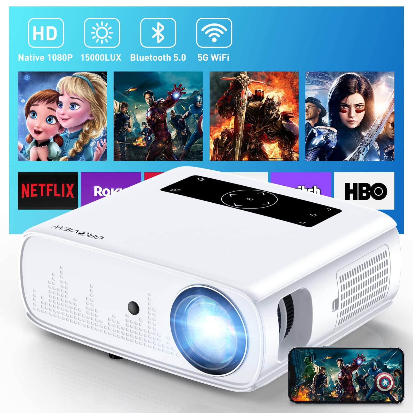 The Best Inks - Projector 15000lux 490ansi Native 1080p Wifi 300'' Video Supports 4k & Zoom 5g Sync Compatible With Hdmi Usb/ Av/ - Default