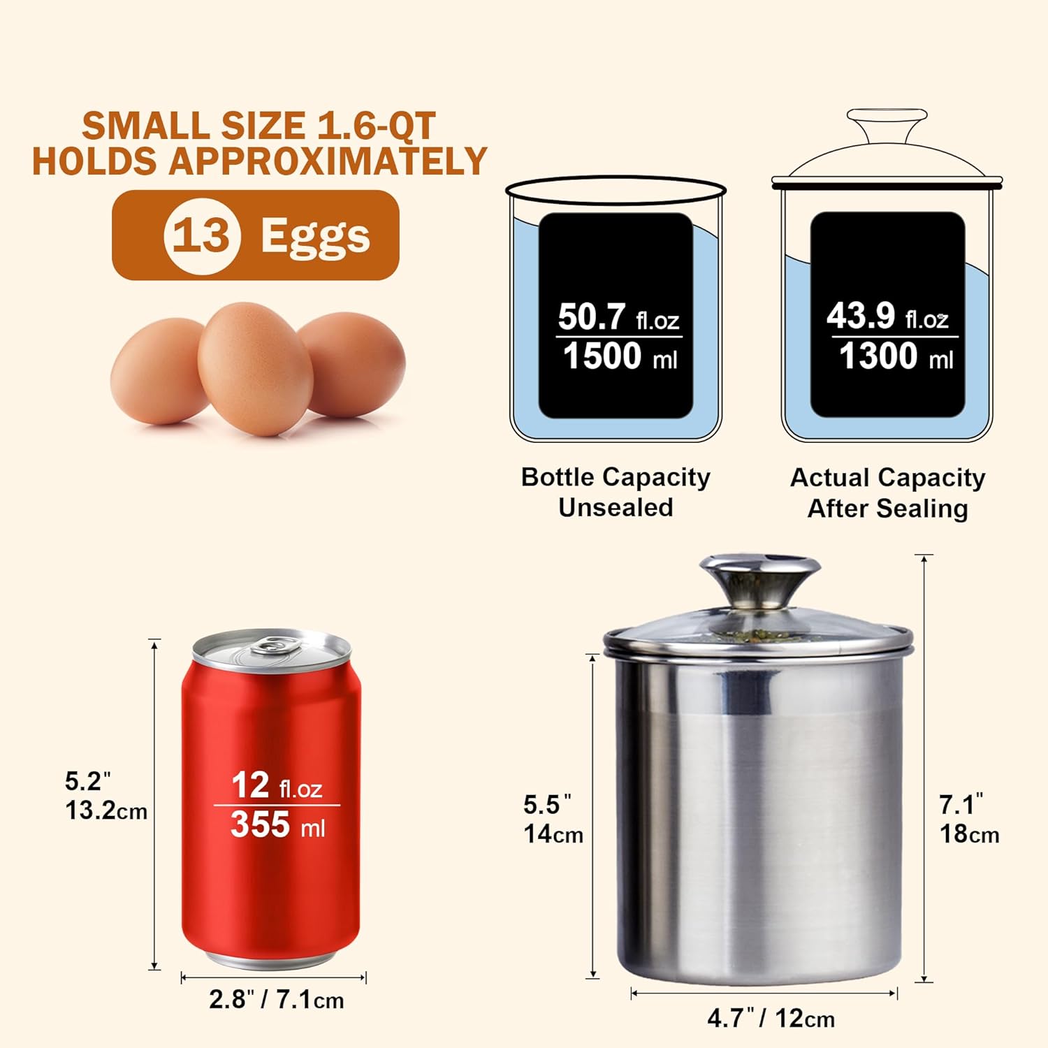 SMALL SIZE 1.6-QT HOLDS APPROXIMATELY 13 Eggs

50.7 fl.oz 1500 ml
43.9 fl.oz 1300 ml

Bottle Capacity
Unsealed

Actual Capacity
After Sealing

5.2" 13.2cm
12 fl.oz 355 ml

5.5" 14cm
7.1" 18cm
4.7" 12cm
