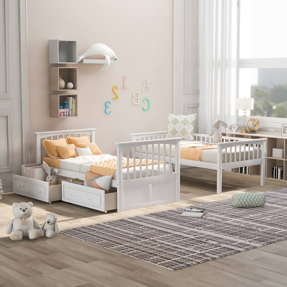 Left. Loheer - Loheer Twin Over Twin Bunk Bed with Drawers, Convertible Solid Wood White Bunk Bed - White.