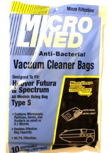 Micro Filtration MICRO LINED Anti-Bacterial Vacuum Cleaner Bags  
Designed To Fit: Hoover Futura & Spectrum All Models Using Bag Type S  
- Captures Microscopic Particles, Germs, and Bacteria as small as 0.1 Micron.  
- Doubles Effective Bag Capacity.  
- 99.7% Filtration.  
10 DISPOSABLE MICRO-LINED BAGS