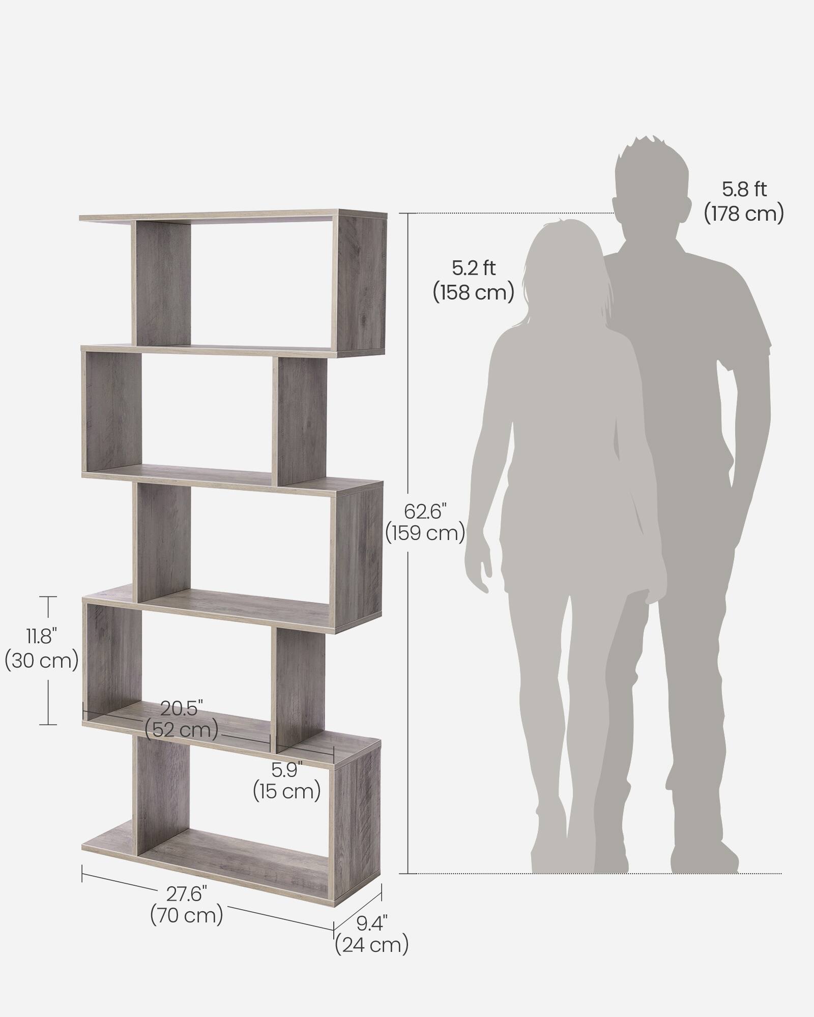 5.8 ft (178 cm)  
5.2 ft (158 cm)  
62.6" (159 cm)  
11.8" (30 cm)  
20.5" (52 cm)  
5.9" (15 cm)  
27.6" (70 cm)  
9.4" (24 cm)