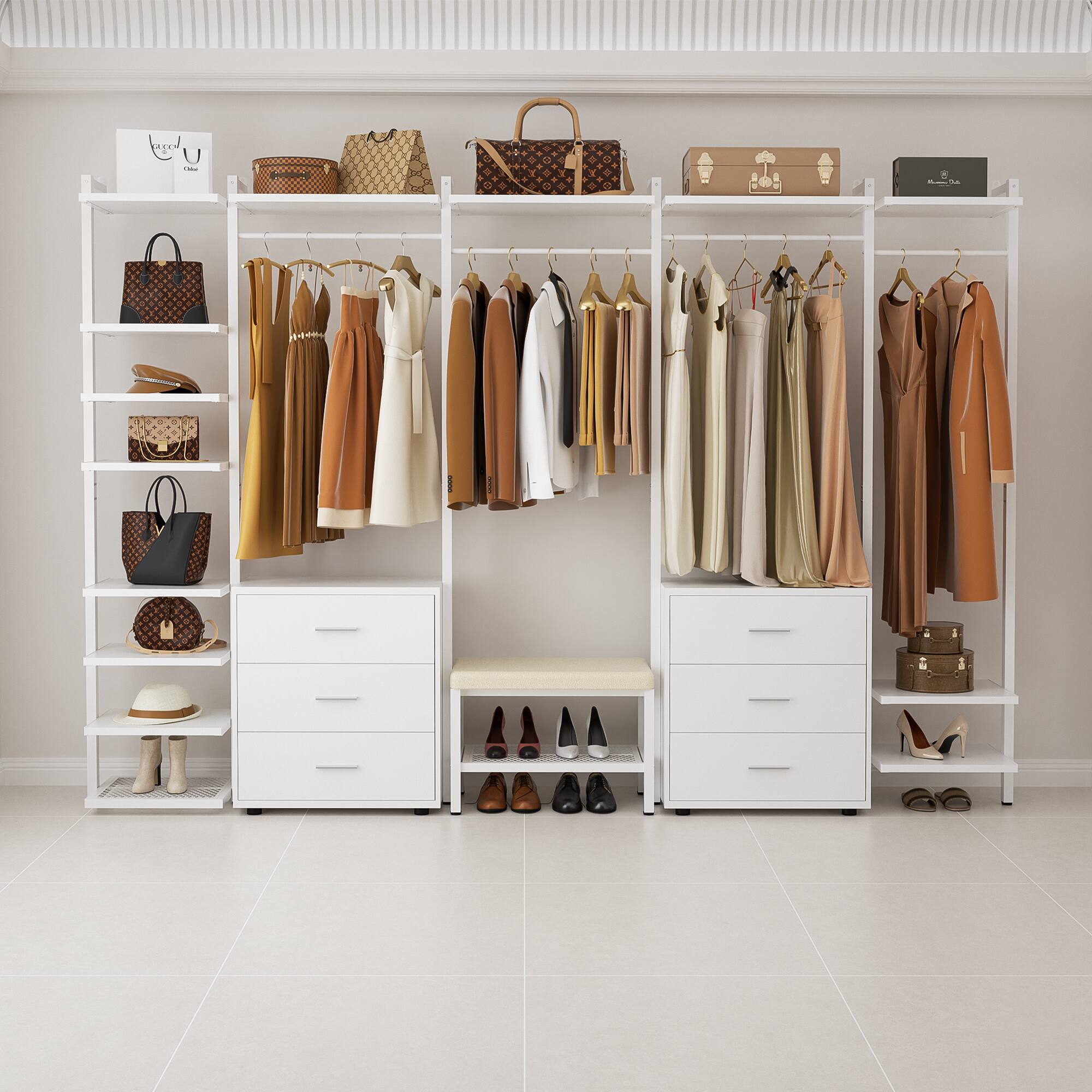 Back. Aheaplus - 8FT Wood Closet Organizer with 6 Drawers and Hanging Rack for Bedroom Storage - White.