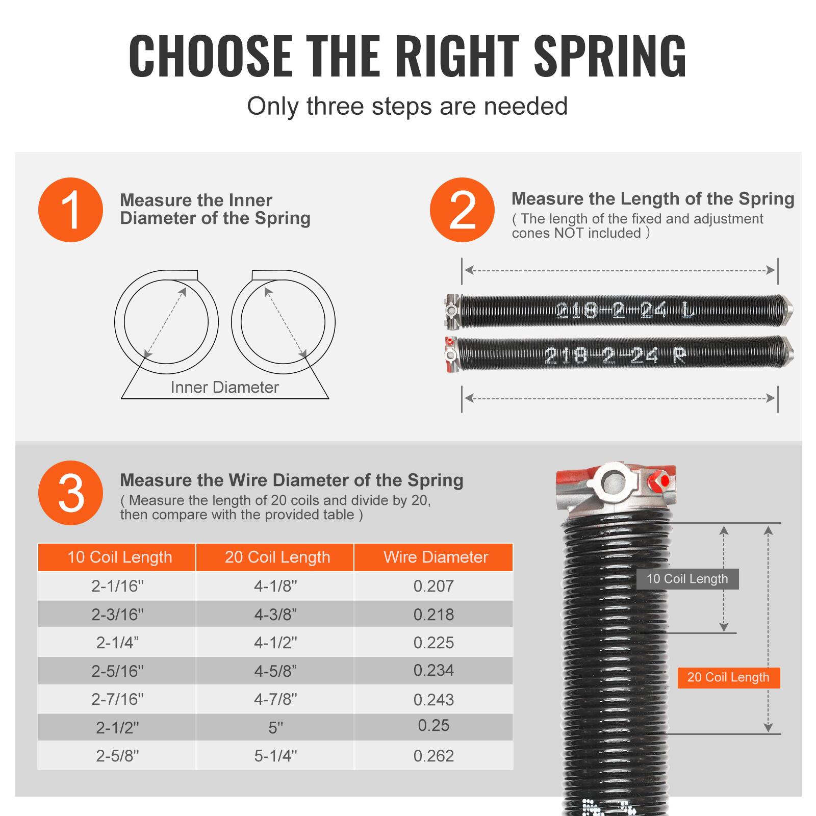 **CHOOSE THE RIGHT SPRING**

Only three steps are needed

1. **Measure the Inner Diameter of the Spring**

2. **Measure the Length of the Spring**  
   (The length of the fixed and adjustment cones NOT included)

3. **Measure the Wire Diameter of the Spring**  
   (Measure the length of 20 coils and divide by 20, then compare with the provided table)

| 10 Coil Length | 20 Coil Length | Wire Diameter |
|---------------|---------------|--------------|
| 2-1/16"       | 4-1/8"        | 0.207        |
| 2-3/16"       | 4-3/8"        | 0.218        |
| 2-1/4"        | 4-1/2"        | 0.225        |
| 2-5/16"       | 4-5/8"        | 0.234        |
| 2-7/16"       | 4-7/8"        | 0.243        |
| 2-1/2"       