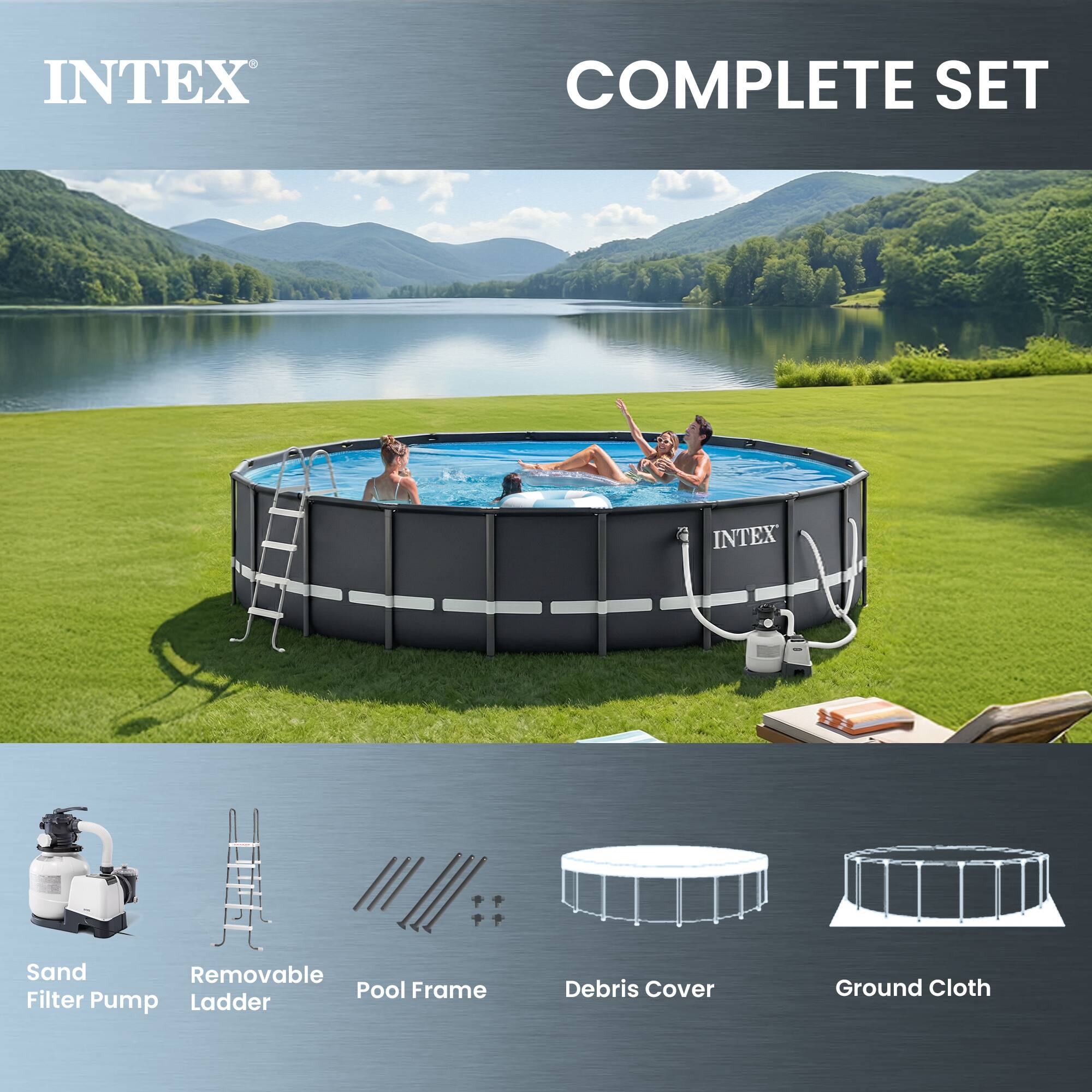 INTEX COMPLETE SET

INTEX Sand Removable Pool Frame Filter Pump Ladder Debris Cover Ground Cloth