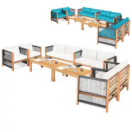 Front. Costway - Costway 8 PCS Wood Outdoor Patio Furniture Set with Cushions White Turquoise Cushion Cover Sets - Turquoise.