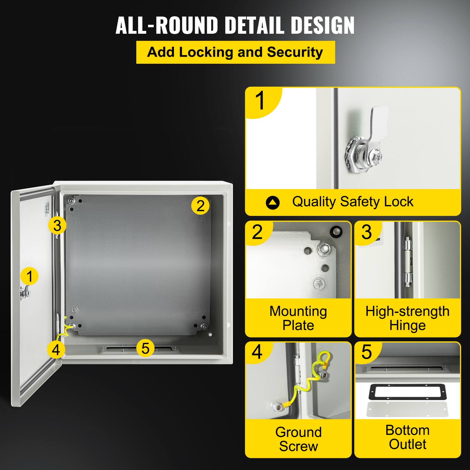 ALL-ROUND DETAIL DESIGN  
Add Locking and Security  

1. Quality Safety Lock  
2. Mounting Plate  
3. High-strength Hinge  
4. Ground Screw  
5. Bottom Outlet