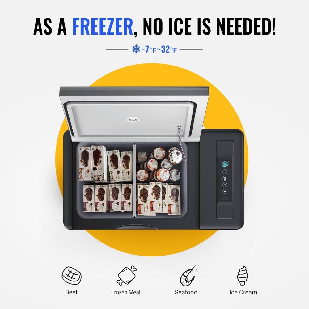 AS A FREEZER, NO ICE IS NEEDED!  
-7°F ~ 32°F  

Beef  
Frozen Meat  
Seafood  
Ice Cream