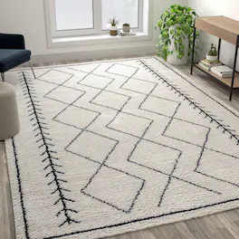 Emma + Oliver - Geometric Bohemian Shag Rug - Ivory/Black